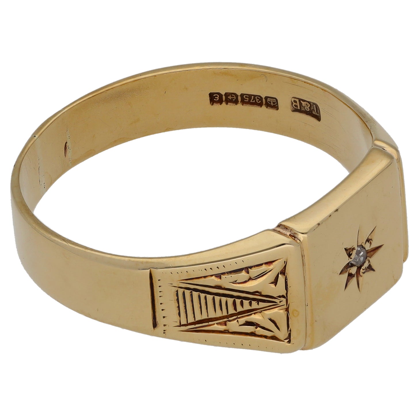 9ct Gold 0.01ct Diamond Patterned Signet Ring Size Y