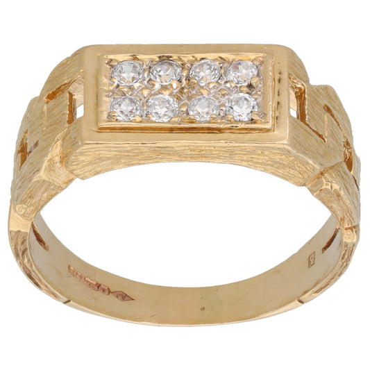 9ct Gold Cubic Zirconia Patterned Signet Ring Size U