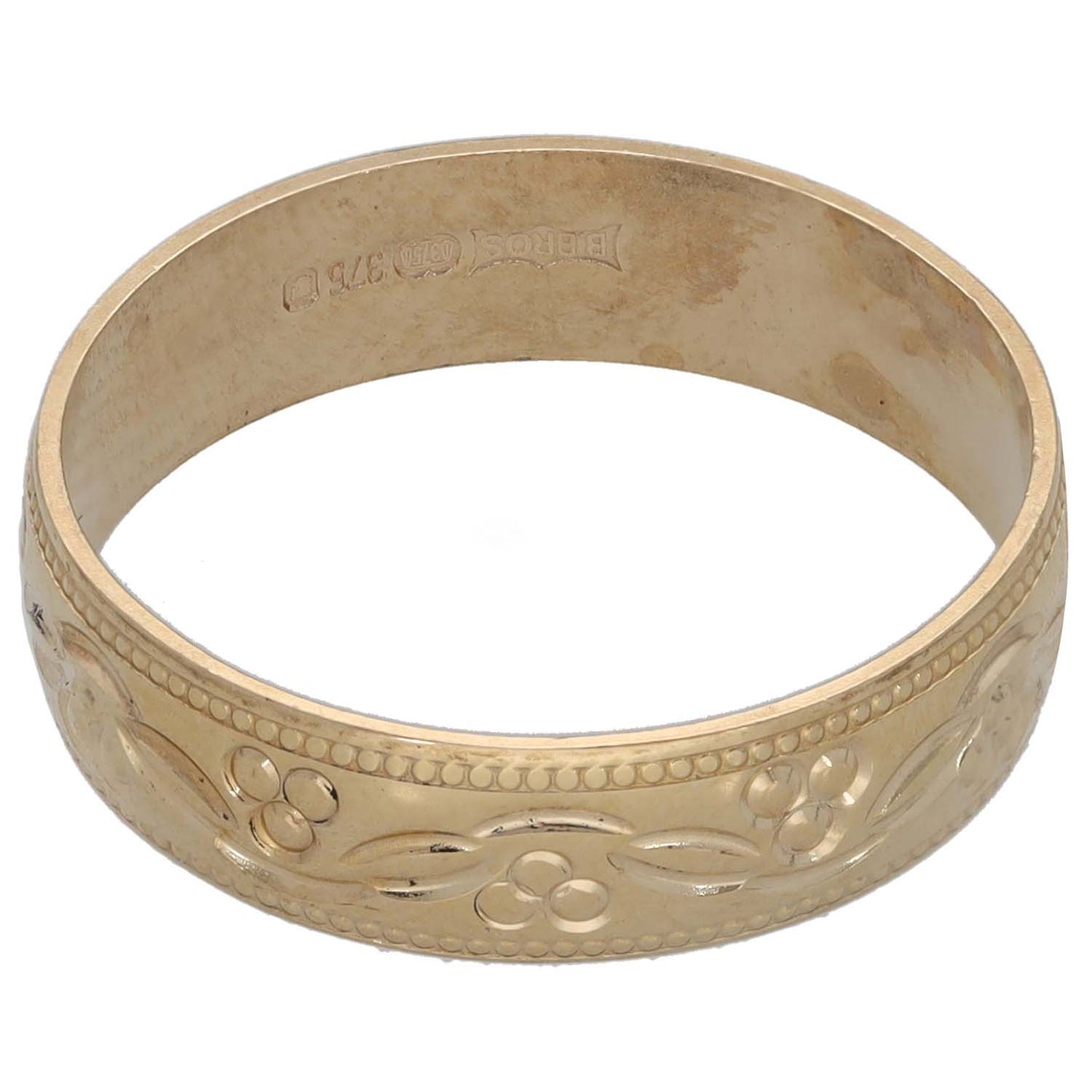 9ct gold wedding ring with bead-edge pattern, floral motifs and inner hallmark, size N