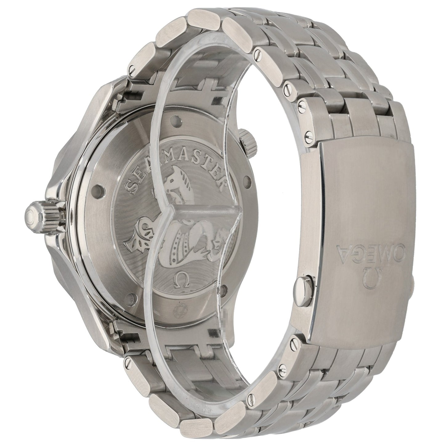 Stainless steel Omega Seamaster 212.30.41.20.01.003 watch caseback with engraved details and bracelet links