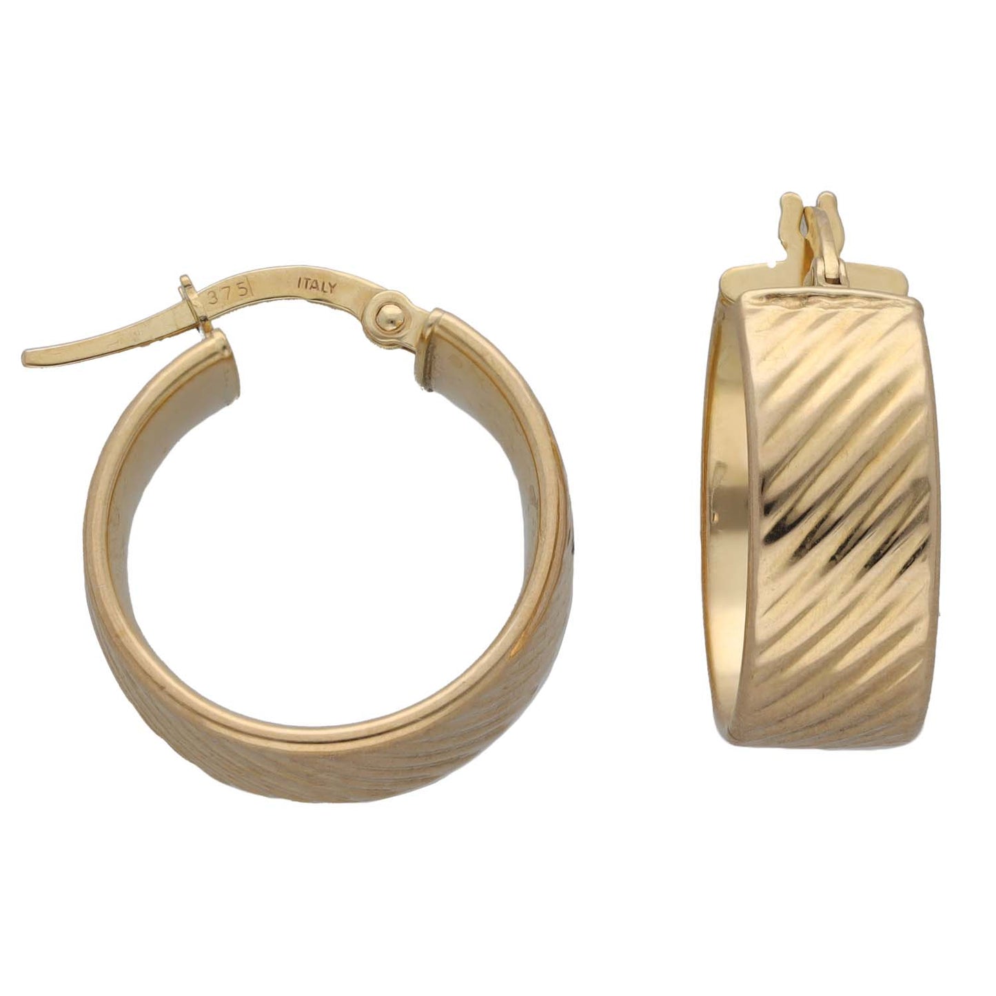 9ct gold hoop earrings with ridged front and hinged clasp