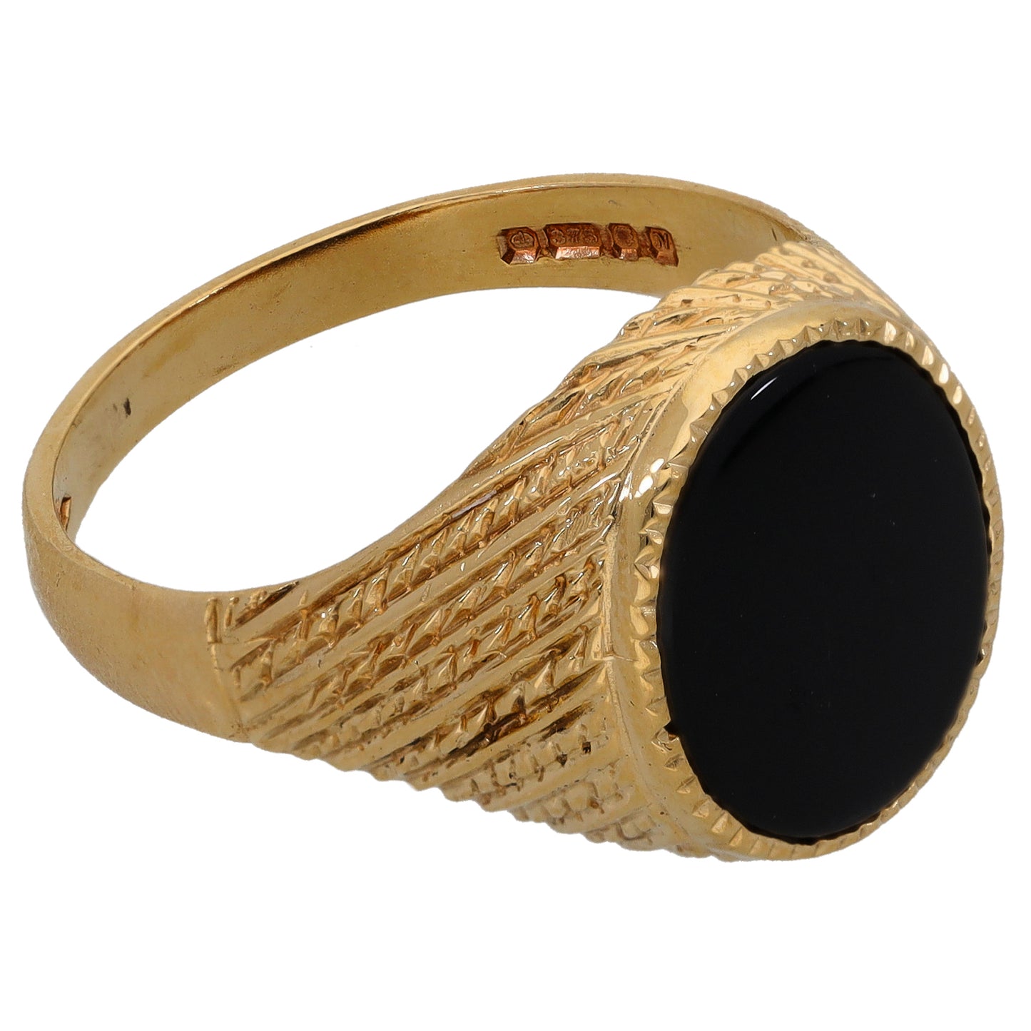 9ct gold signet ring with oval black onyx face and embossed crest texture