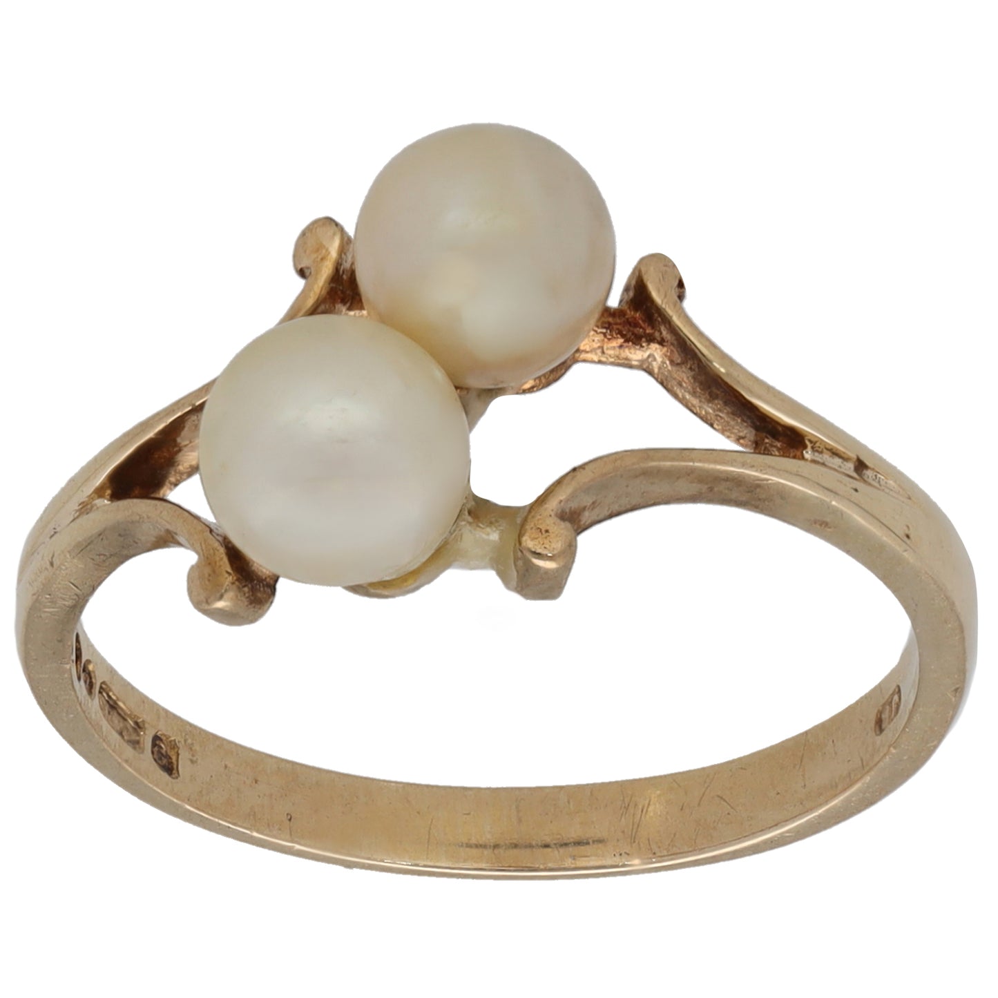 9ct Gold Cultured Pearl Two Stone Ring Size N