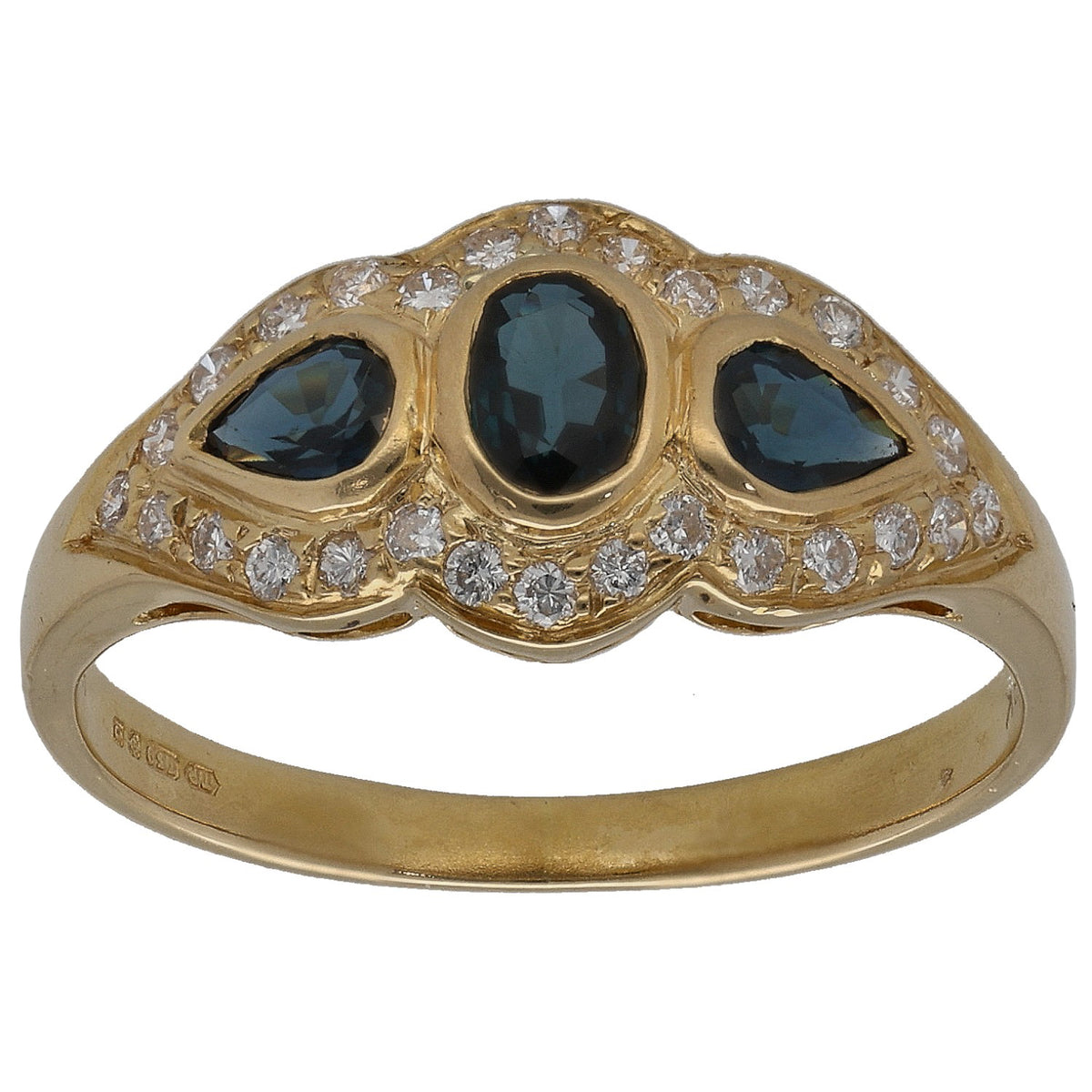 Gold cocktail ring with three round dark blue stones and diamond halo details