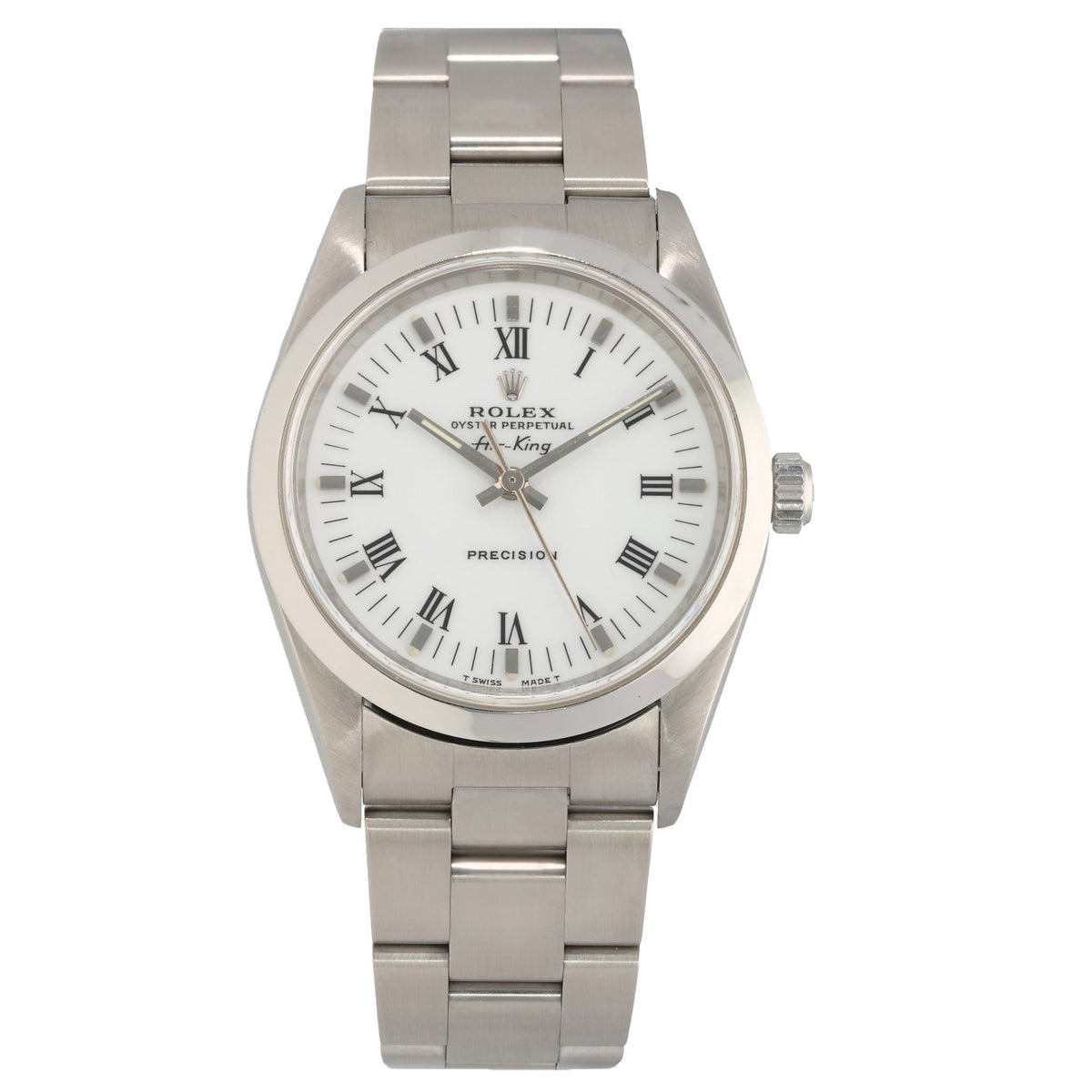 Rolex Air King 14000, white dial, with Roman numeral hour markers, stainless steel watch - front