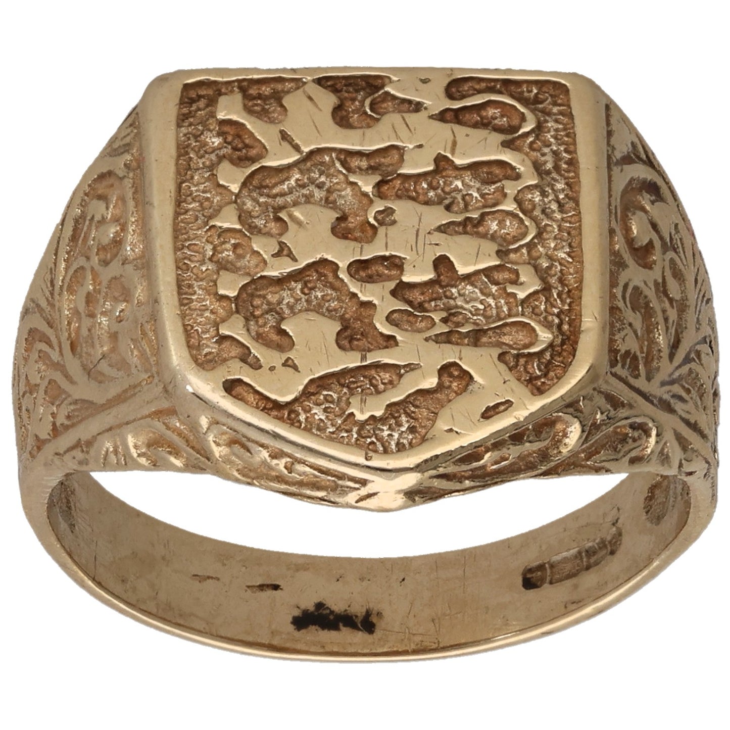 9ct gold crest signet ring with shield emblem, textured face, size S