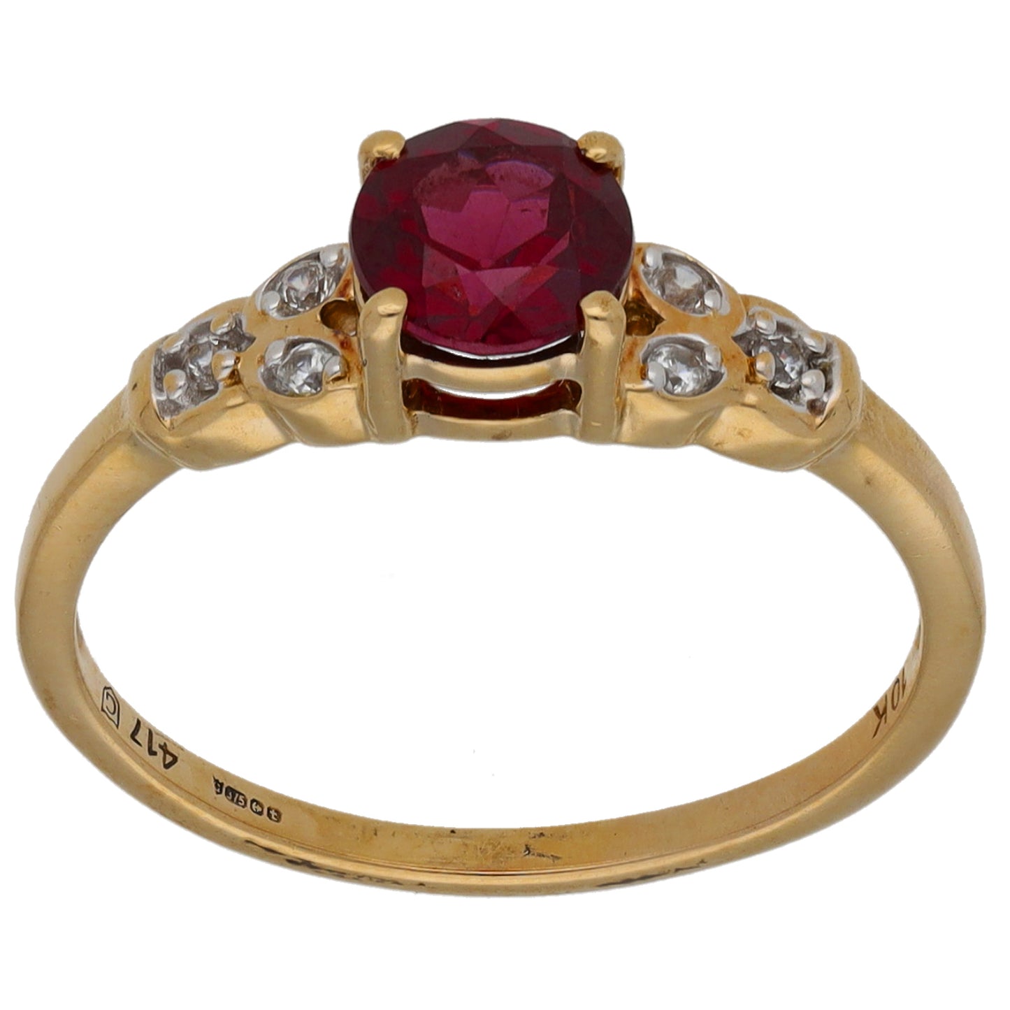 9ct Gold Garnet & Imitation Single Stone Ring with Accent Stones Size N