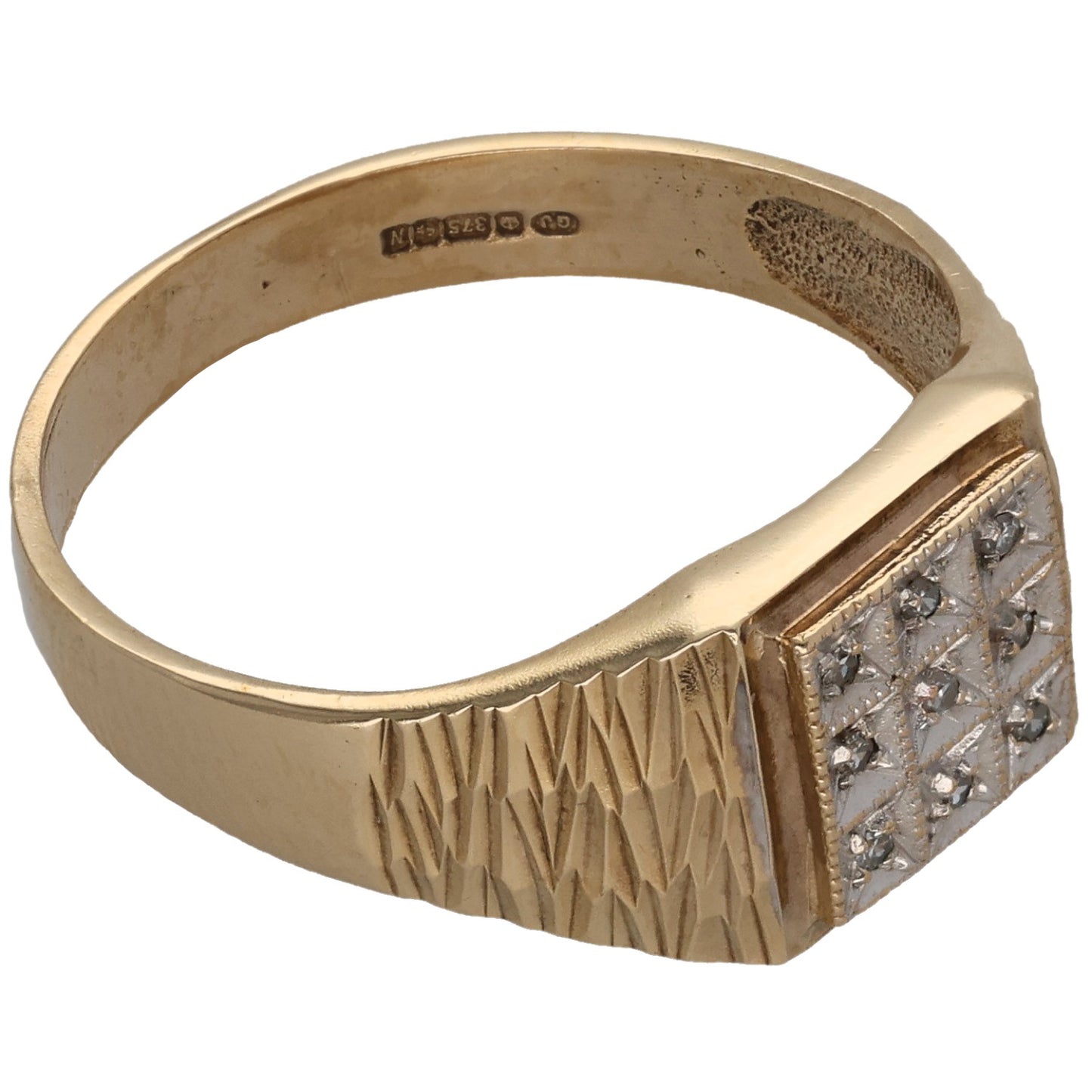 9ct Gold 0.045ct Diamond Patterned Signet Ring Size U