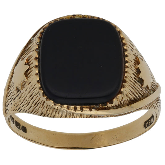 9ct Gold Onyx Patterned Signet Ring Size V