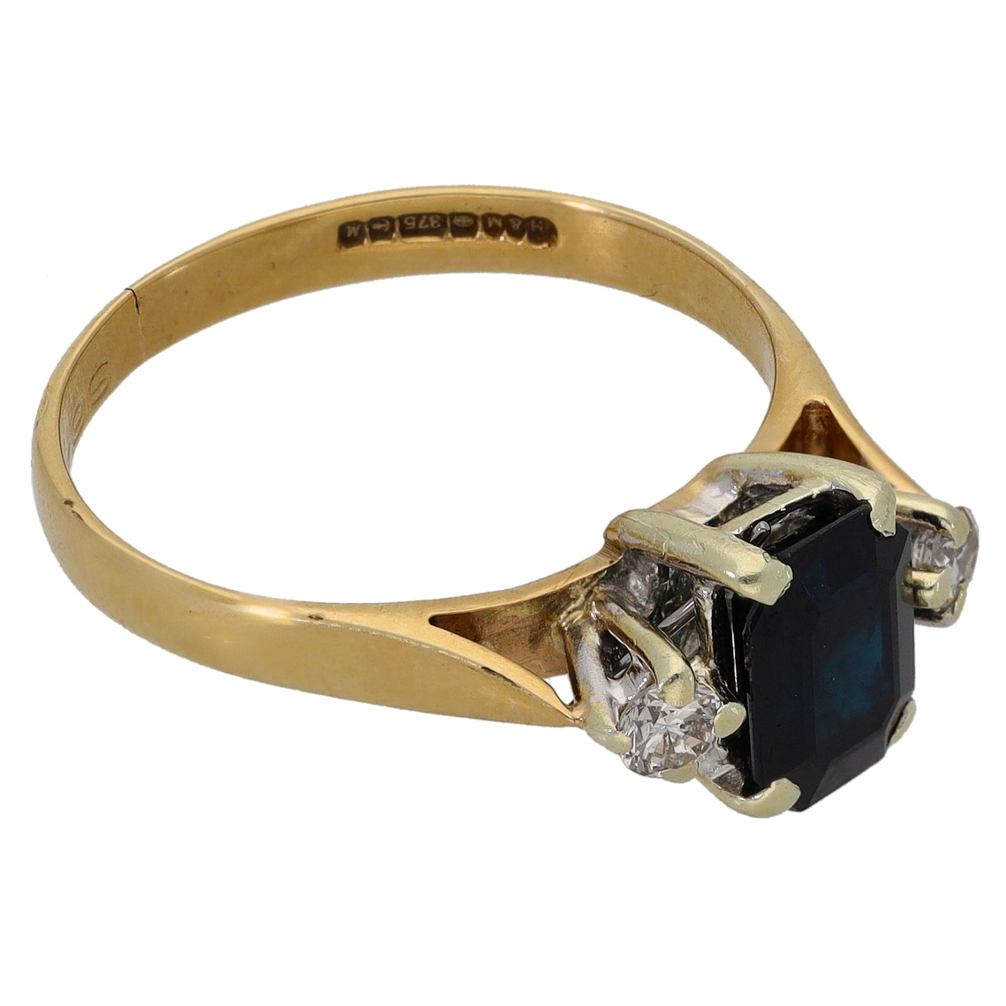 9ct Gold Sapphire & 0.10ct Diamond Three Stone Ring Size K