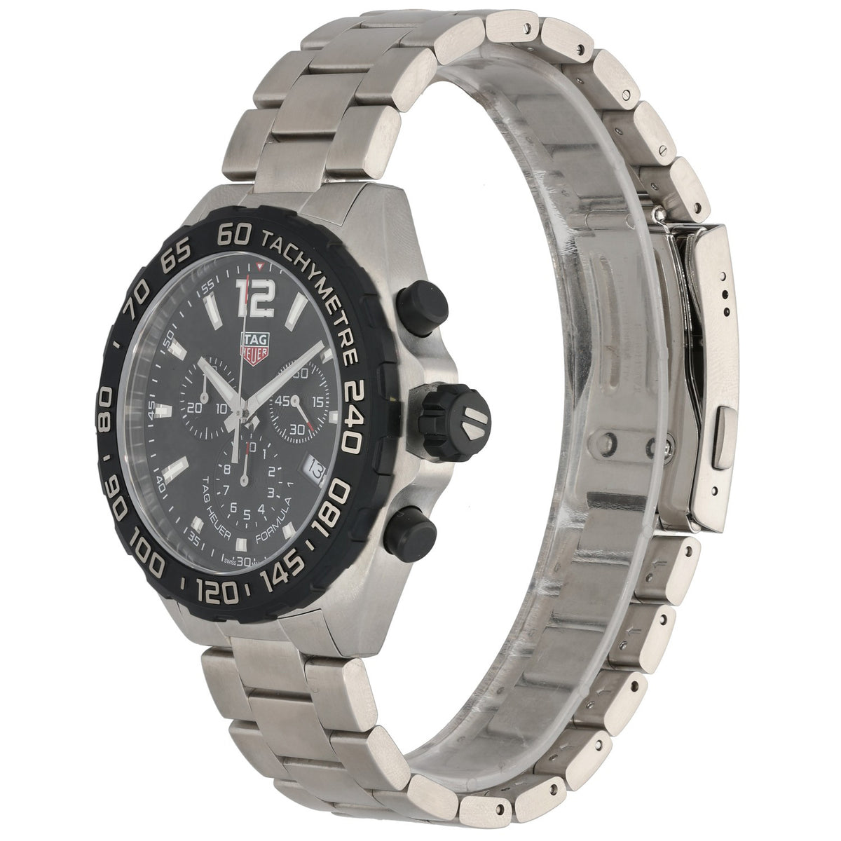 Tag Heuer F1 CAZ1010 stainless steel watch side view with crown, pushers, and tachymeter bezel
