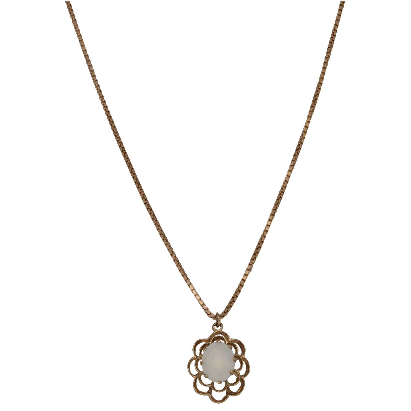 9ct gold floral pendant with white opal-like cabochon on chain