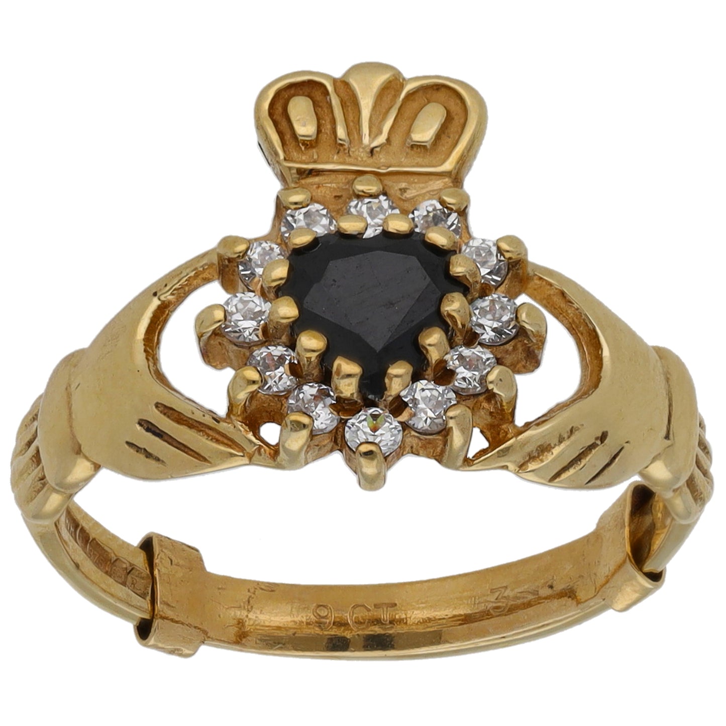 9ct Gold Sapphire & Cubic Zirconia Claddagh Ring Size K