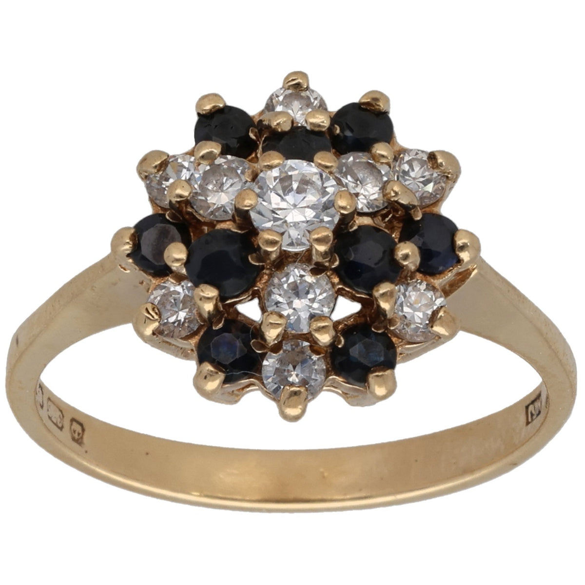 Gold cocktail ring with clear CZ cluster and dark round stones