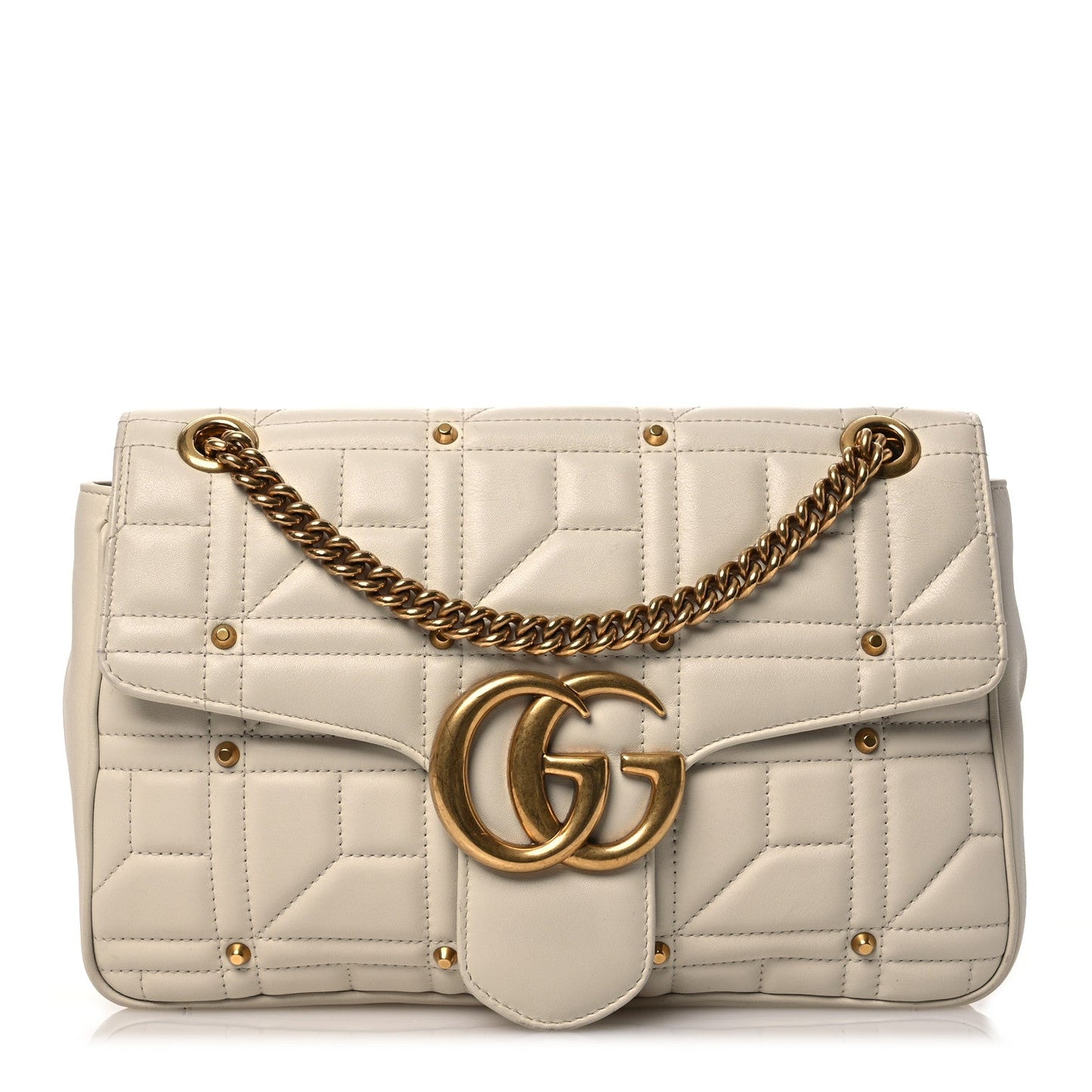 Gucci Studded GG Marmont Calfskin Matelasse Leather Bag - White