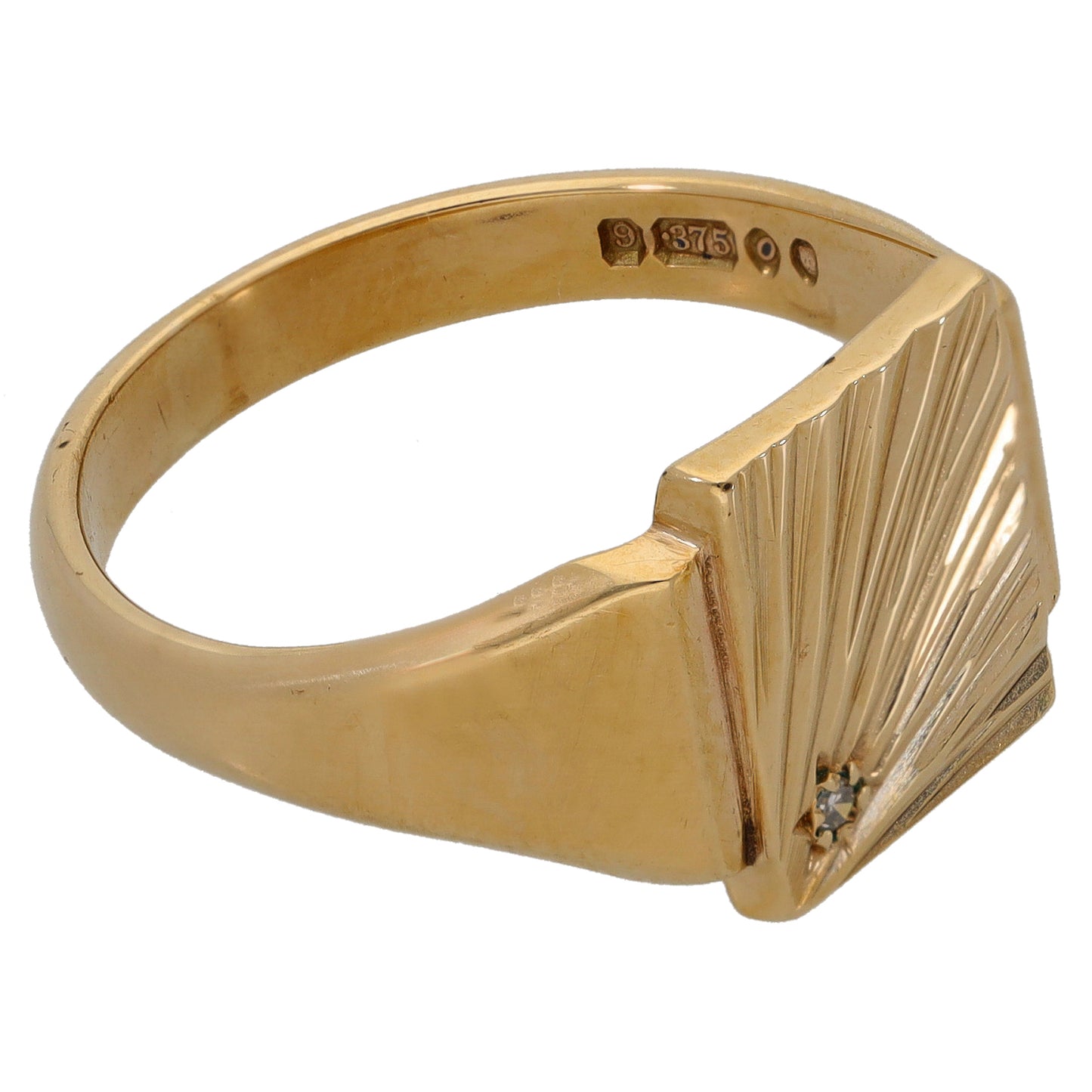 9ct Gold 0.015ct Diamond Patterned Single Stone Signet Ring Size W
