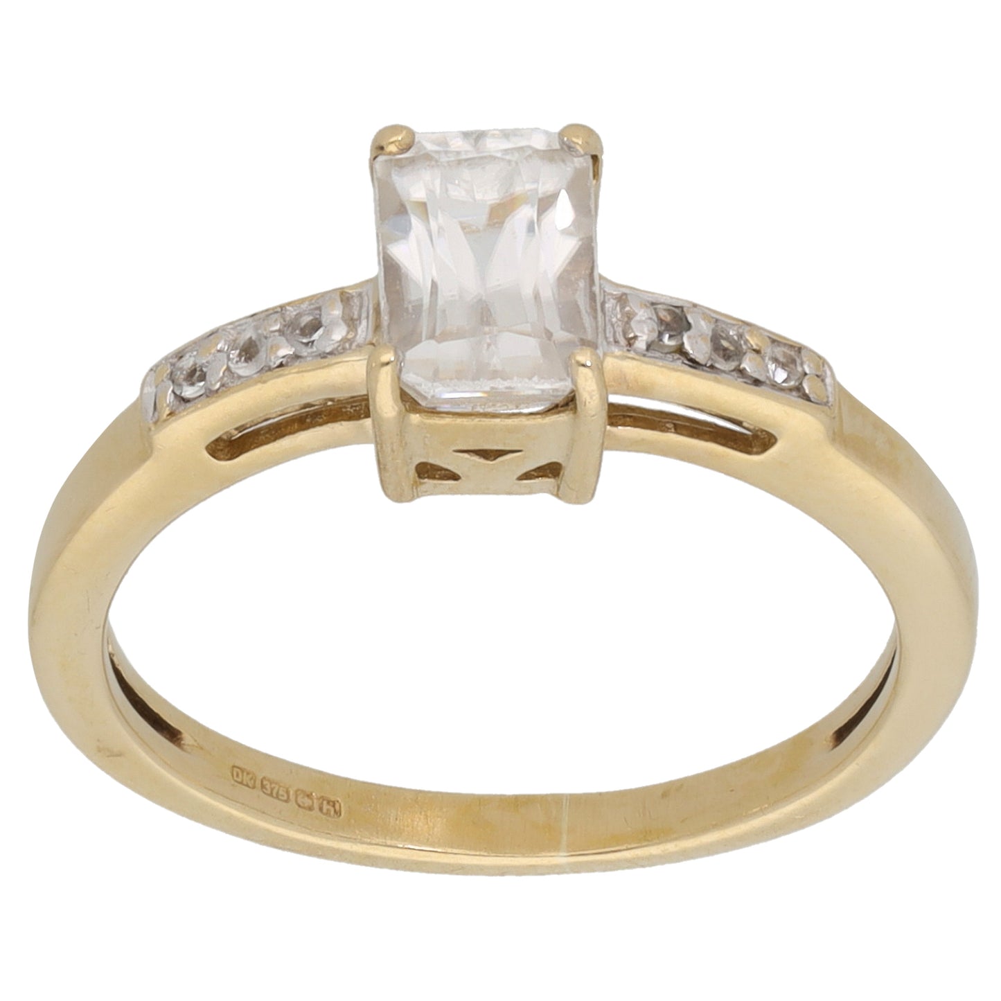 9ct Gold Cubic Zirconia Single Stone Ring with Accent Stones Size L