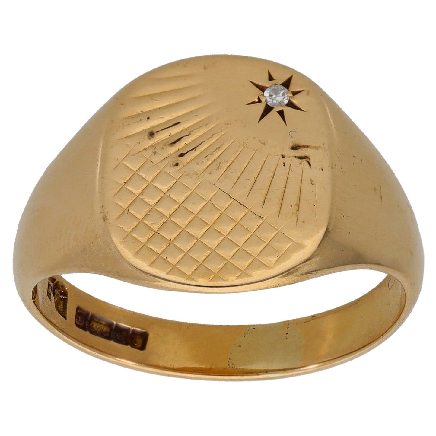 9ct Gold 0.005ct Diamond Patterned Single Stone Signet Ring Size T
