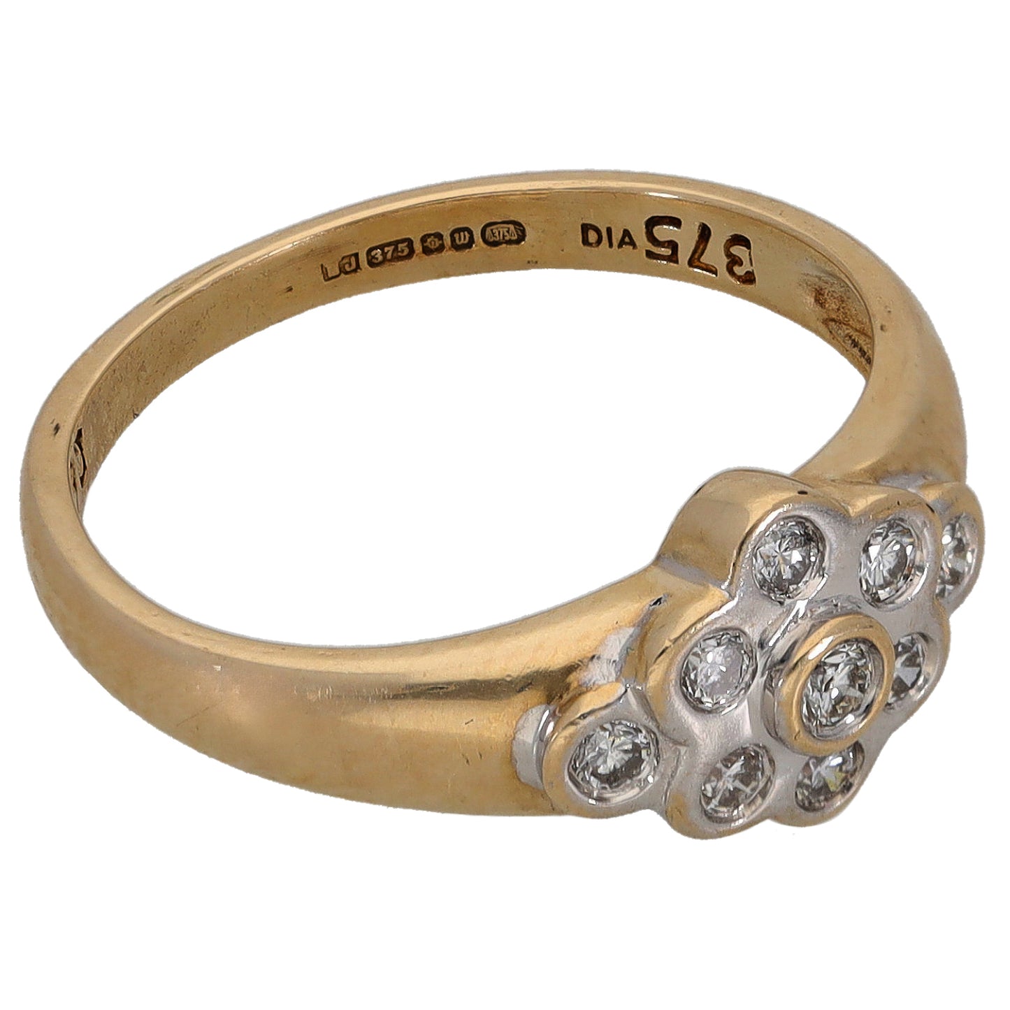Yellow gold ring with round diamond cluster on the band, 9ct hallmark inside