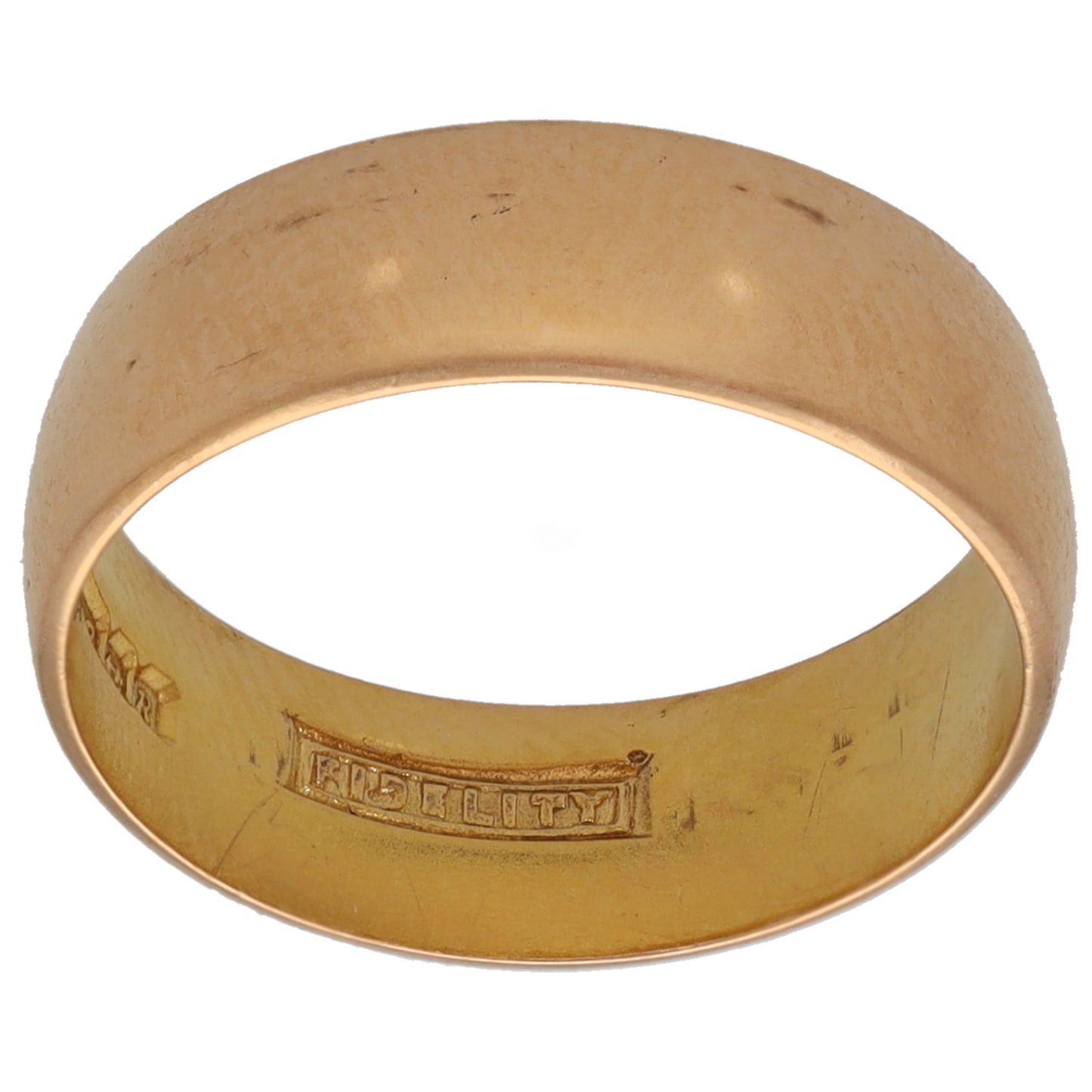 22ct Gold wedding ring, plain band with engraved interior markings