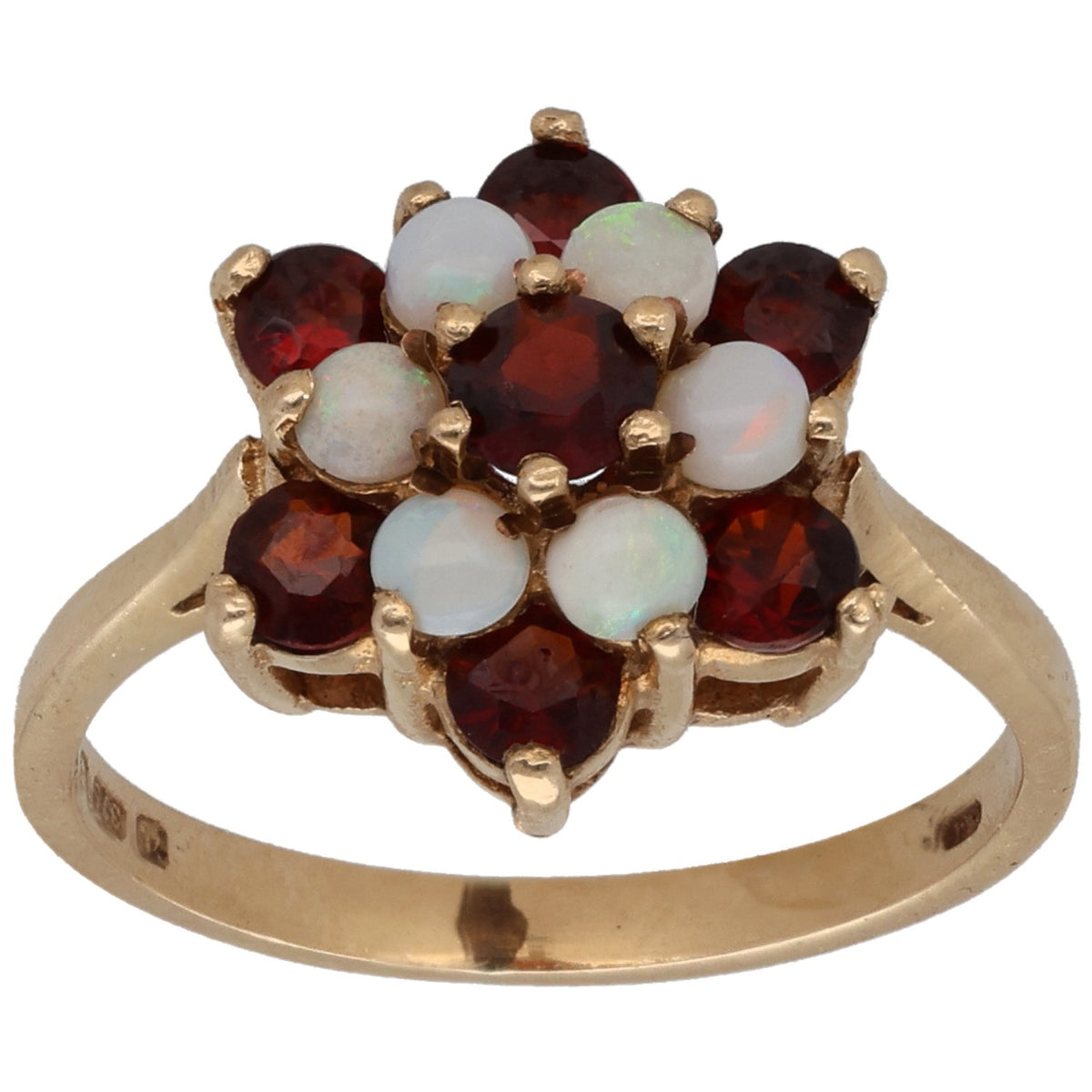 Gold cocktail ring with dark red garnet cluster and white opal accents, prong-set