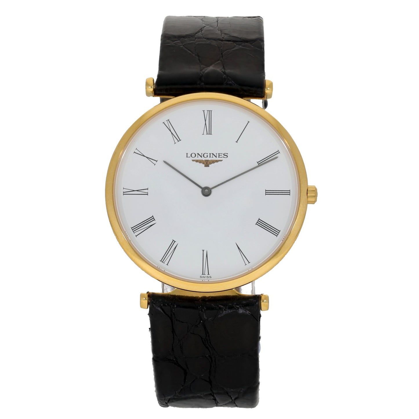 Longines La Grande Classique L4.709.2, gold plated stainless steel case, white dial, black leather bracelet