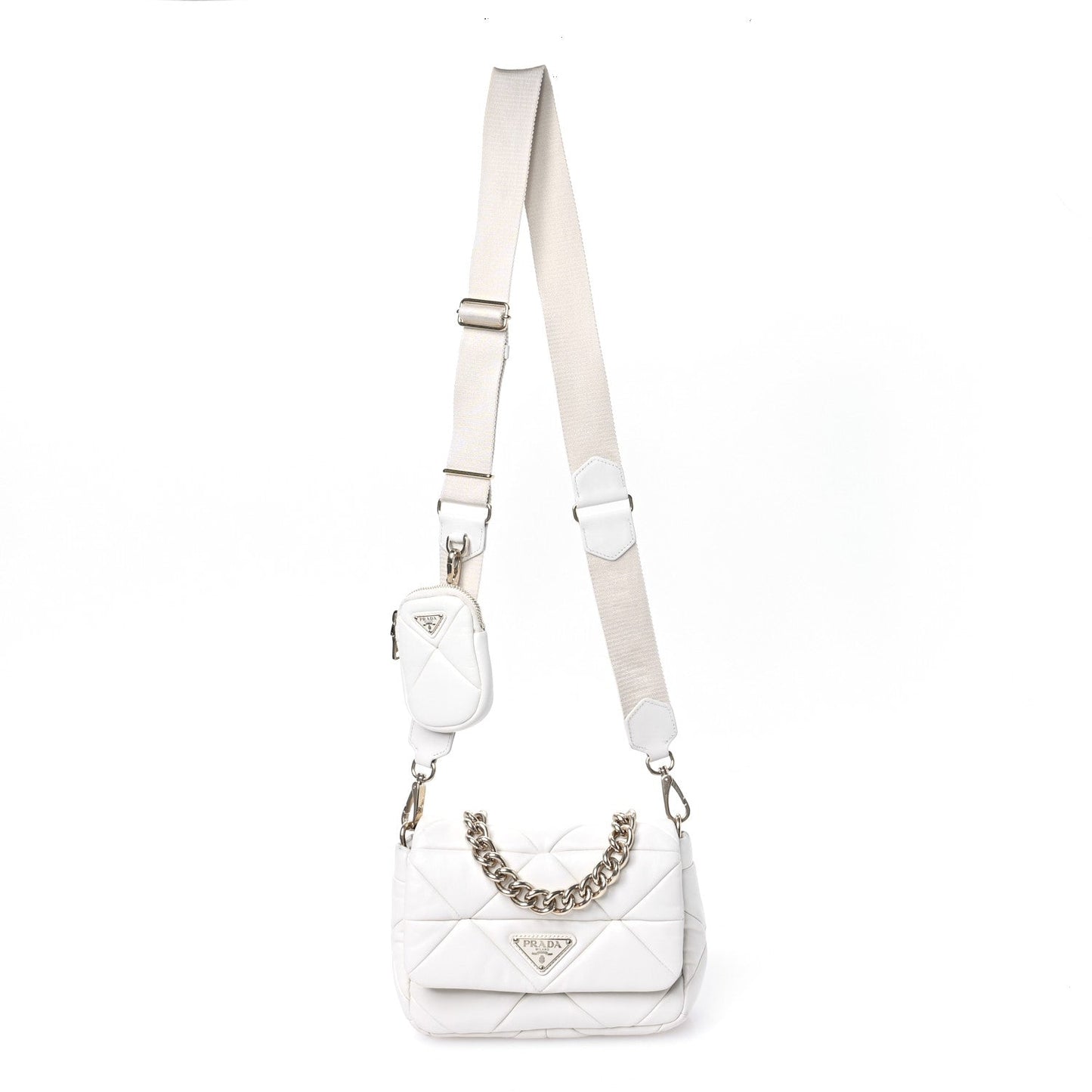 Prada Triangle Quilted Patchwork System Flap Nappa Re-Nylon Bag - White