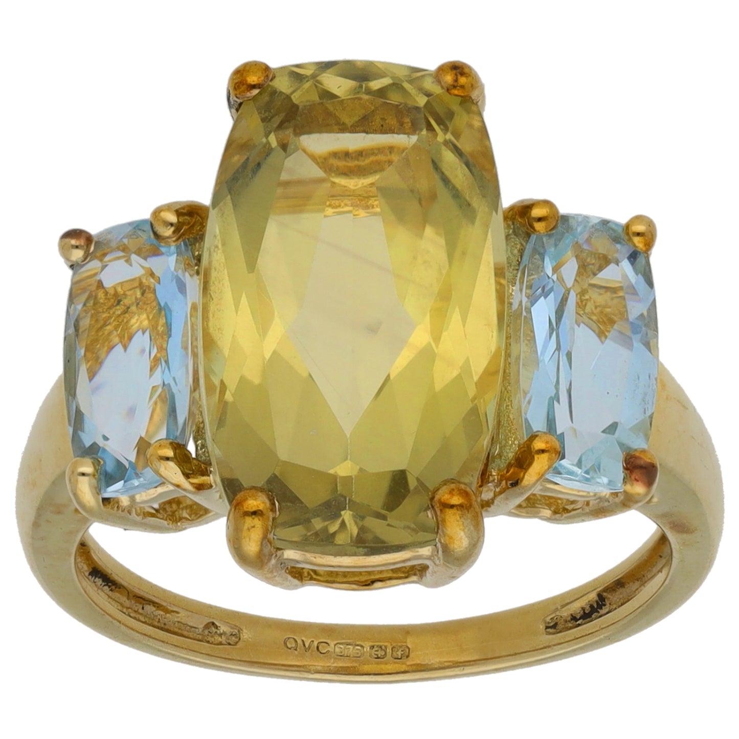 9ct Gold Citrine & Aquamarine Trilogy Ring Size L