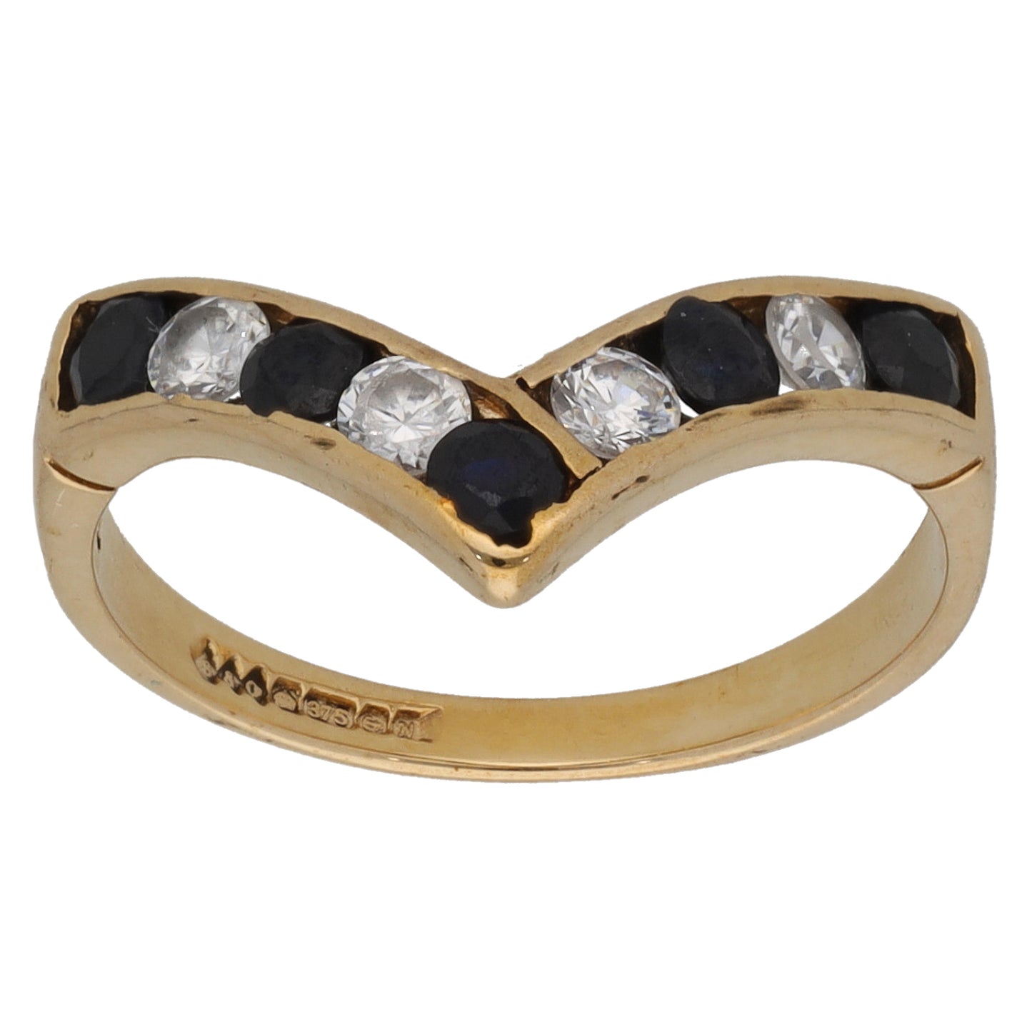 9ct Gold Sapphire & Cubic Zirconia Wishbone Ring Size K