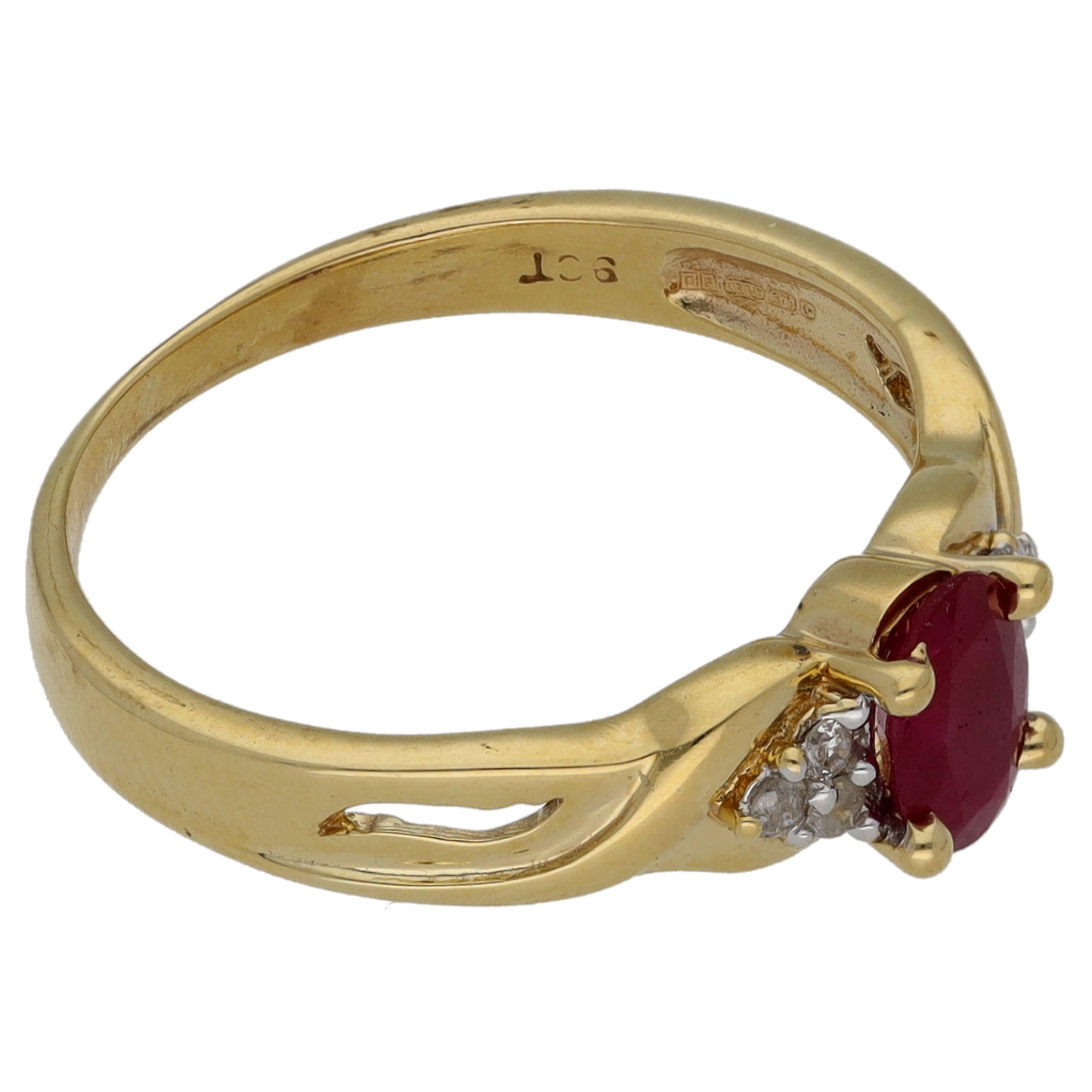 9ct Gold Glass Filled Ruby & 0.06ct Diamond Single Stone Ring with Accent Stones Size M