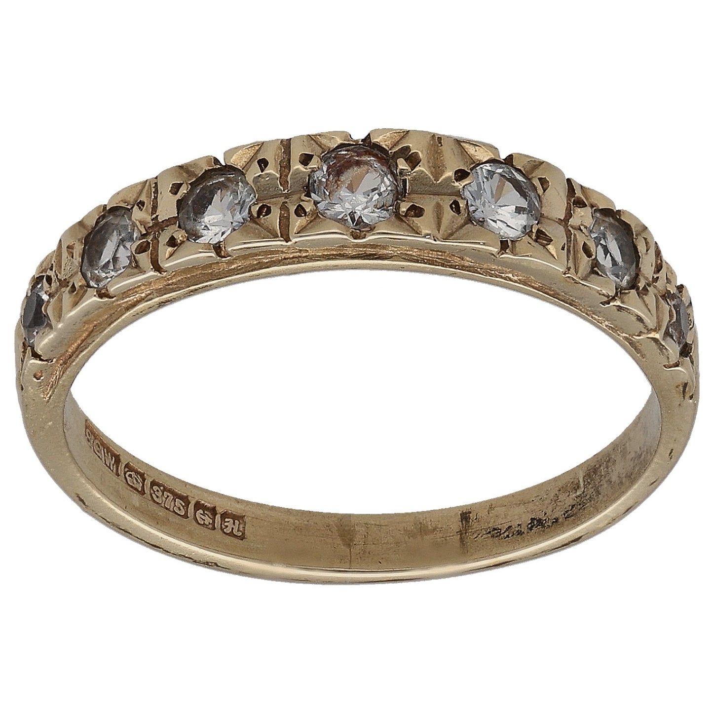 9ct gold half-eternity ring with clear CZ stones, round-cut, size M