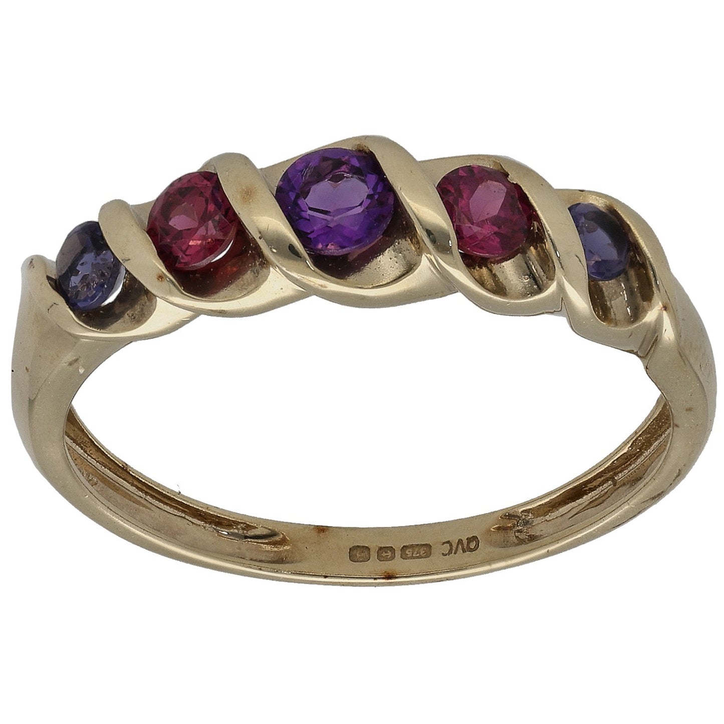 9ct gold half eternity ring with amethyst, garnet and iolite bezel set stones