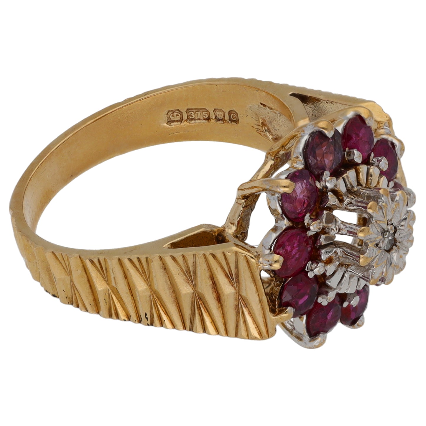 9ct Bicolour Gold Glass Filled Ruby & 0.01ct Diamond Dress/Cocktail Ring Size O