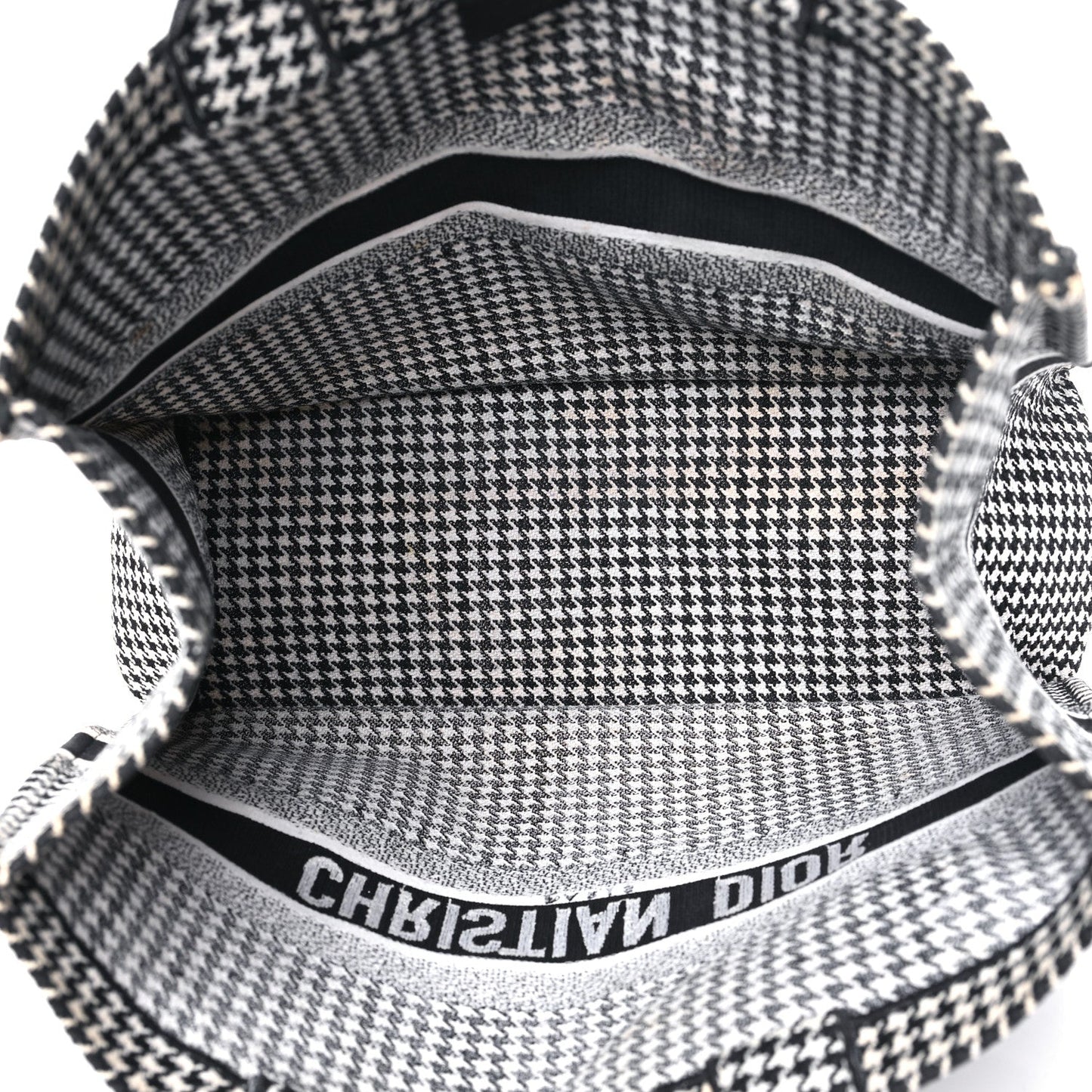 Christian Dior Book Tote Houndstooth Embroidered Canvas Bag - Black & White