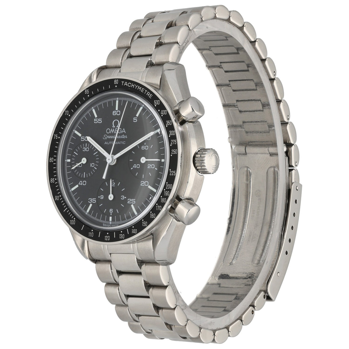 Omega Speedmaster 3510.50.00 Moonwatch, black dial and bezel with tachymeter, front angle