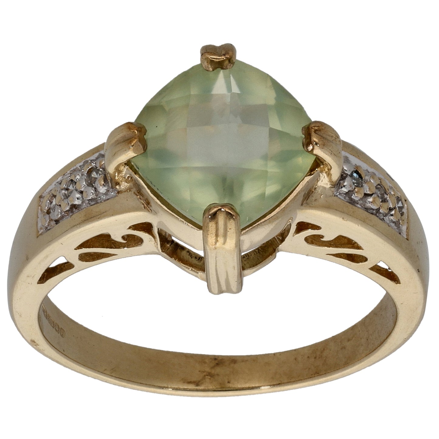 9ct Gold Prehnite & 0.03ct Diamond Single Stone Ring with Accent Stones Size N