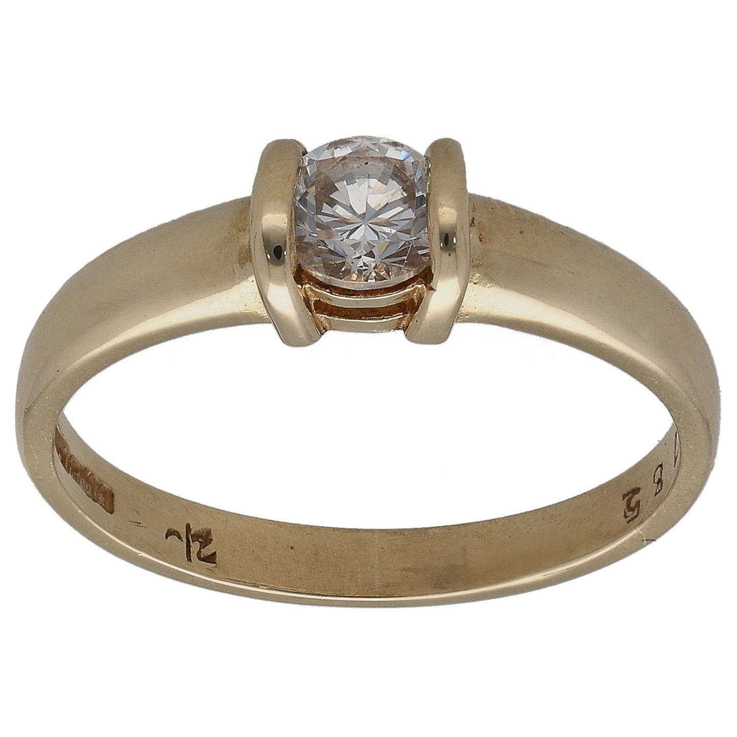 Gold-tone single-stone CZ ring with central round-cut crystal, open band, size L