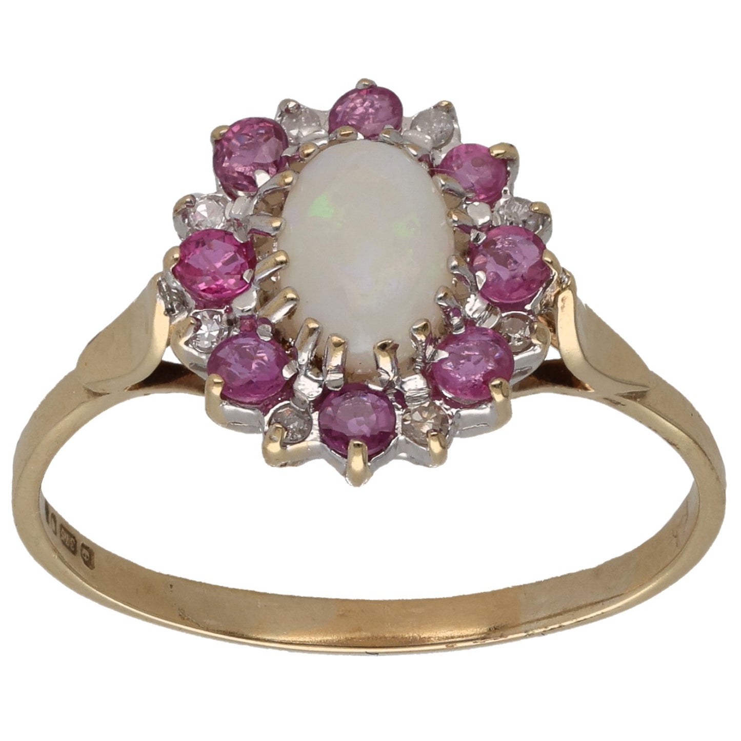9ct Gold Opal, Ruby & 0.08ct Diamond Dress/Cocktail Ring Size S
