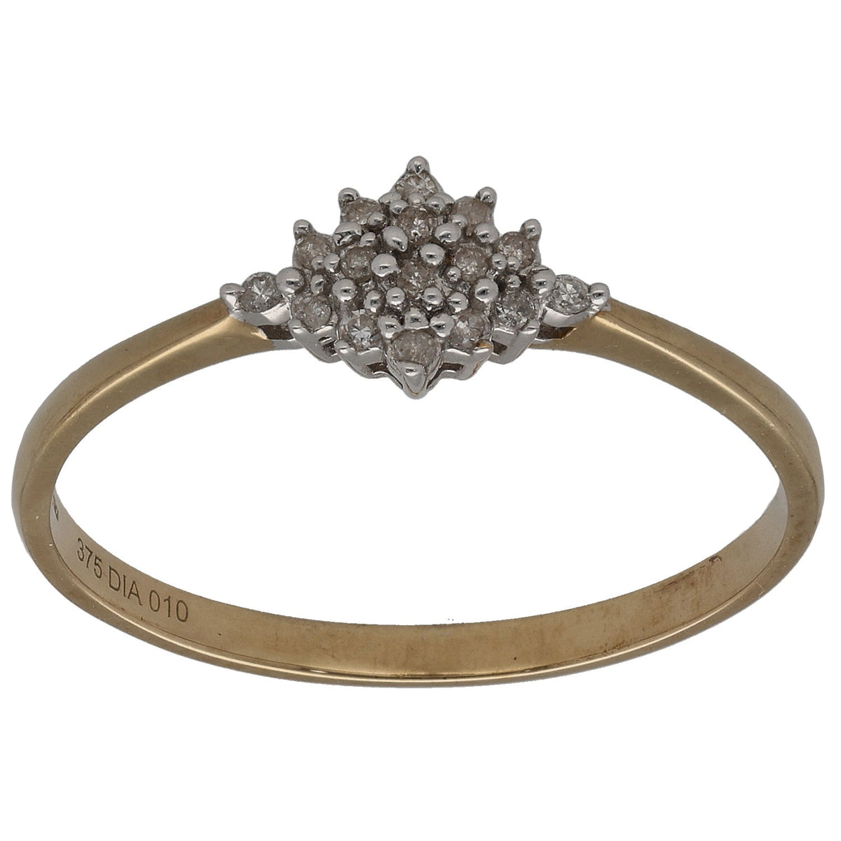 9ct gold ring with round diamond cluster setting and small halo