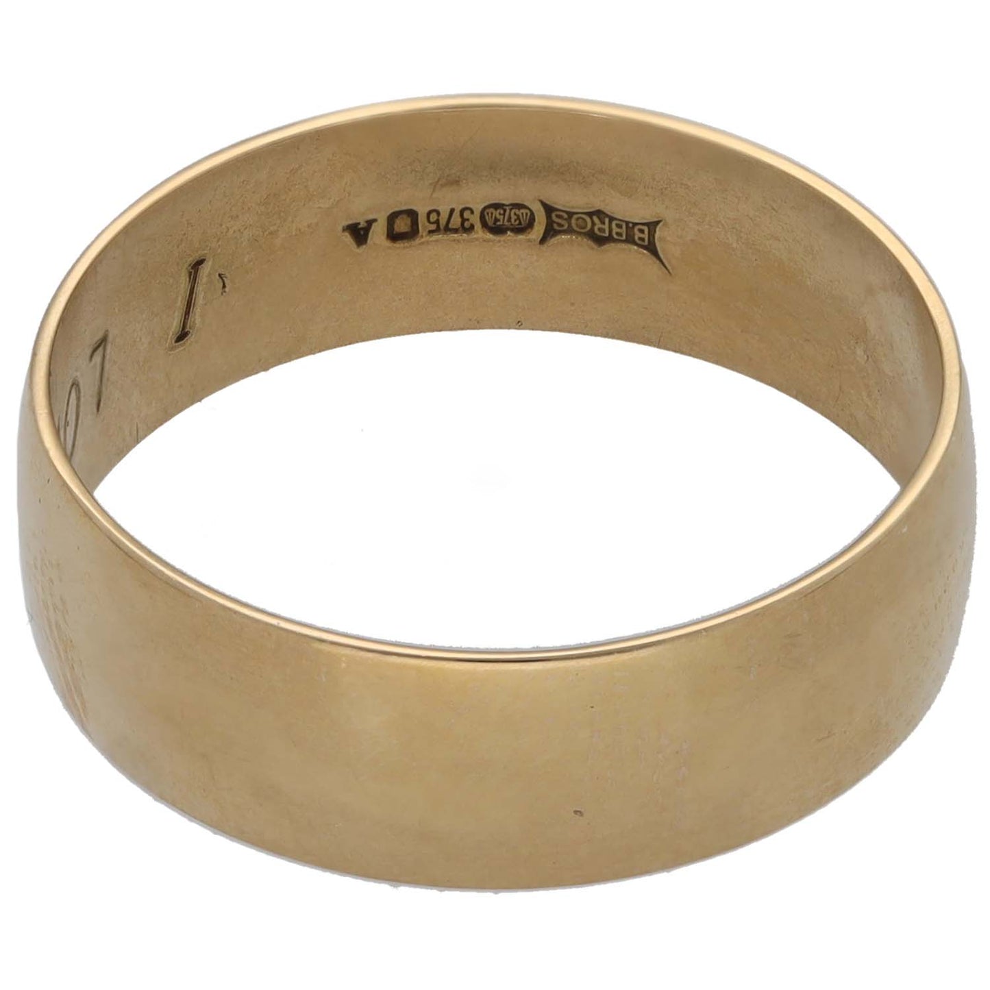 Gold wedding ring, smooth band with stamped interior text