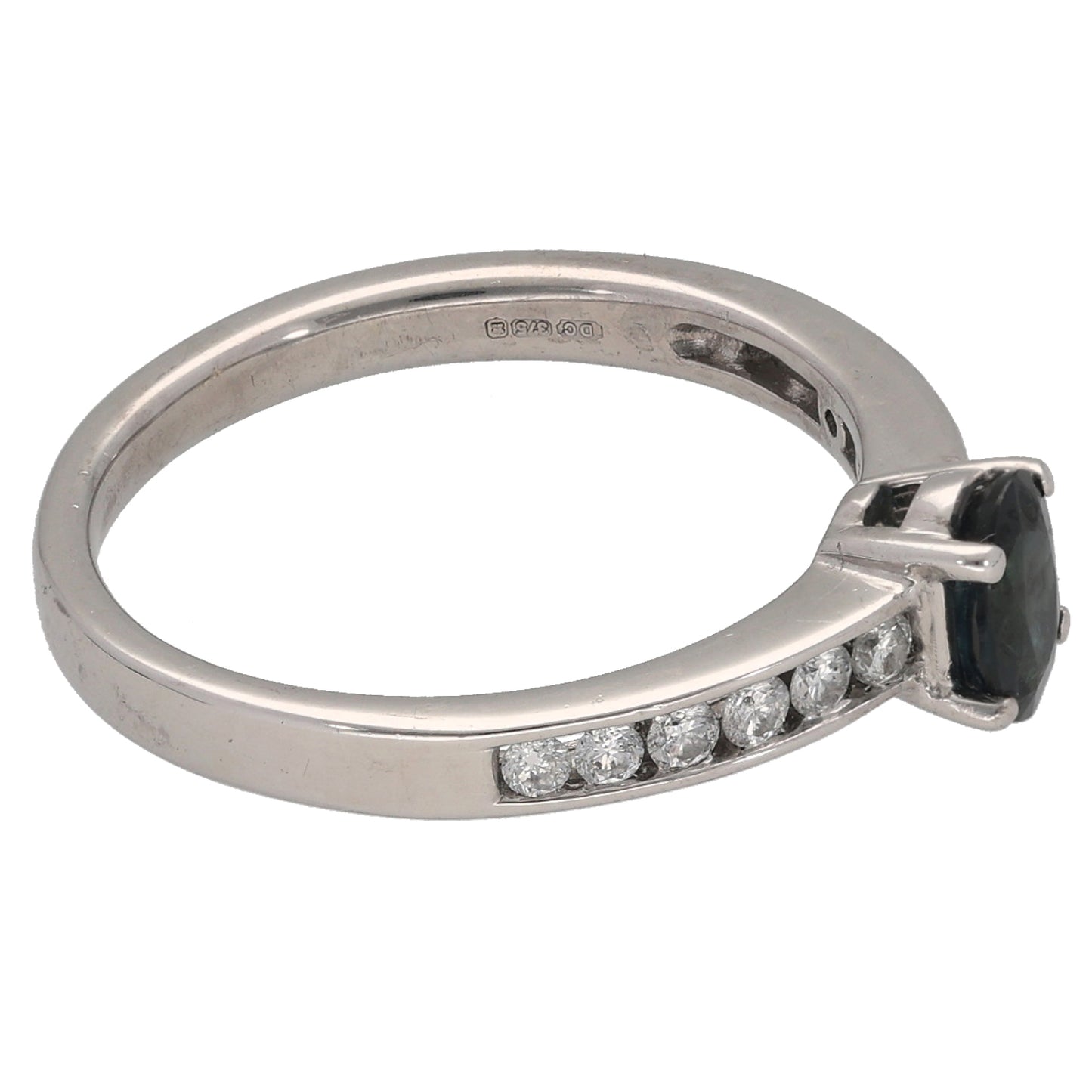 9ct White Gold Sapphire & 0.18ct Diamond Single Stone Ring with Accent Stones Size L