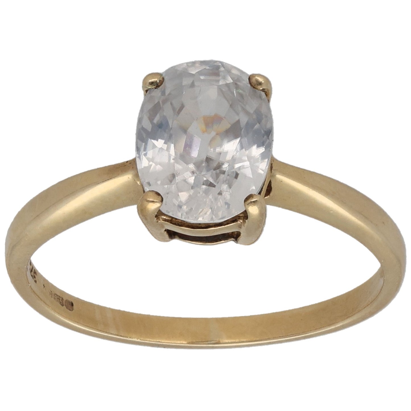 9ct gold single-stone ring with oval clear zircon in four-prong setting
