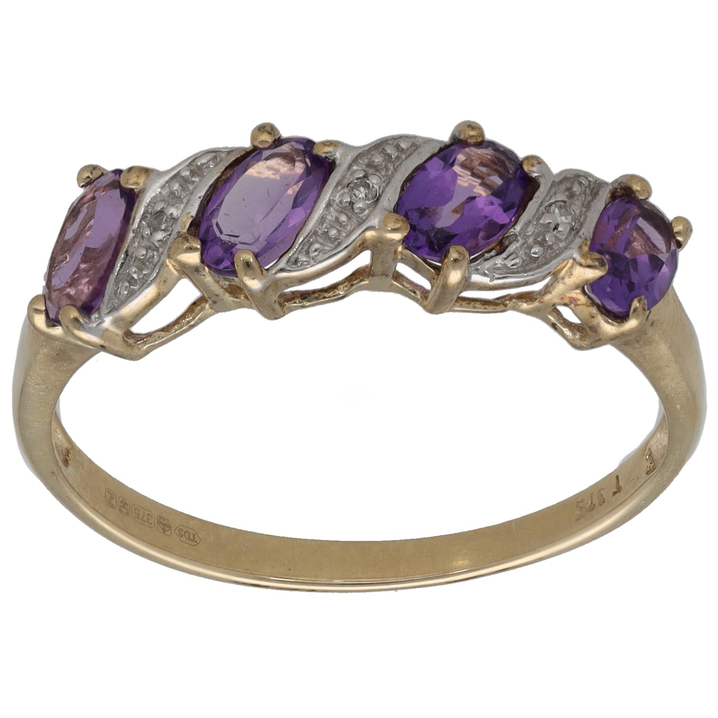 9ct gold half eternity ring with purple oval amethysts and small round white diamonds