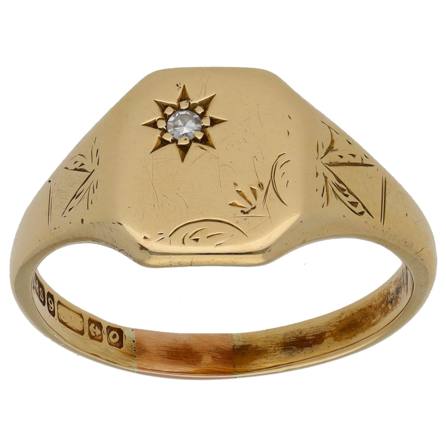 9ct Gold 0.04ct Diamond Single Stone Patterned Signet Ring Size U