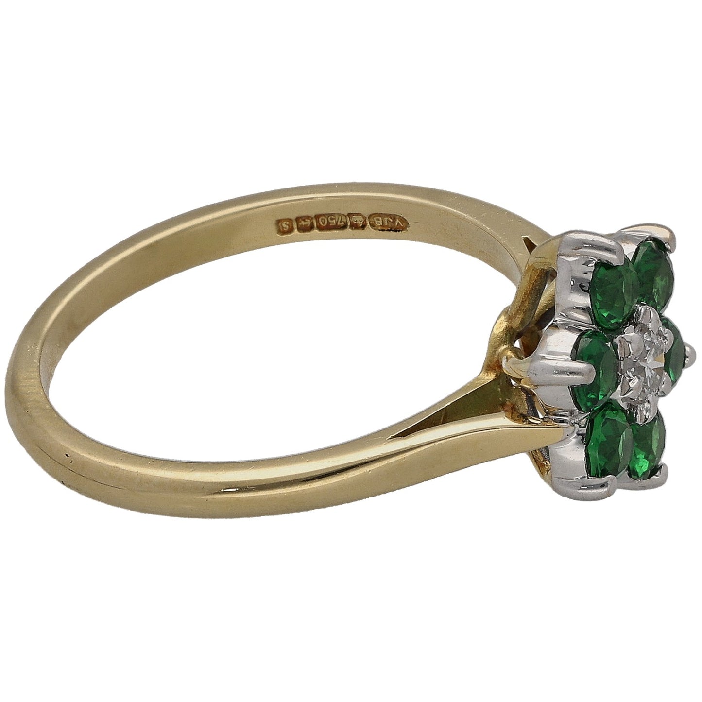 Gold ring side view with round green gemstone cluster and diamond accents, size L