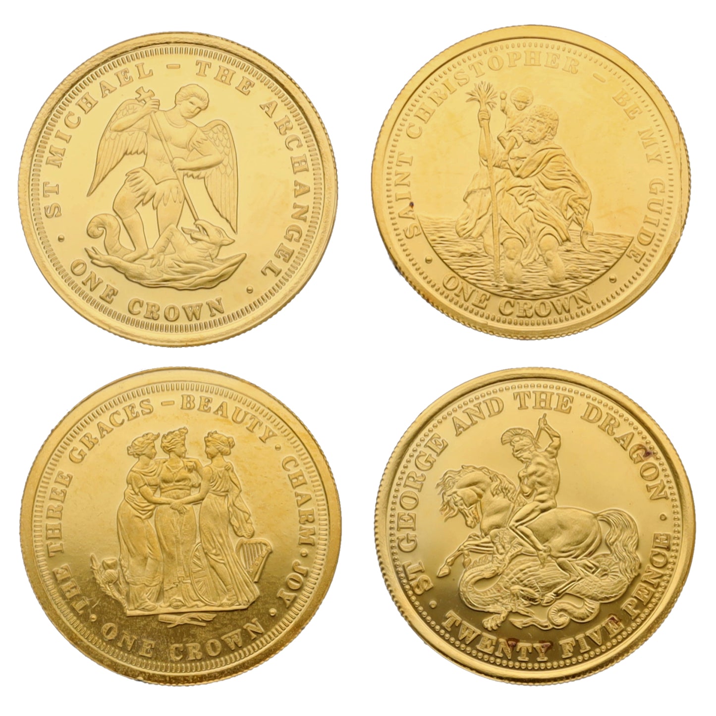 9ct Gold St Michael, St Christopher, St George & Three Graces One Crown Coins