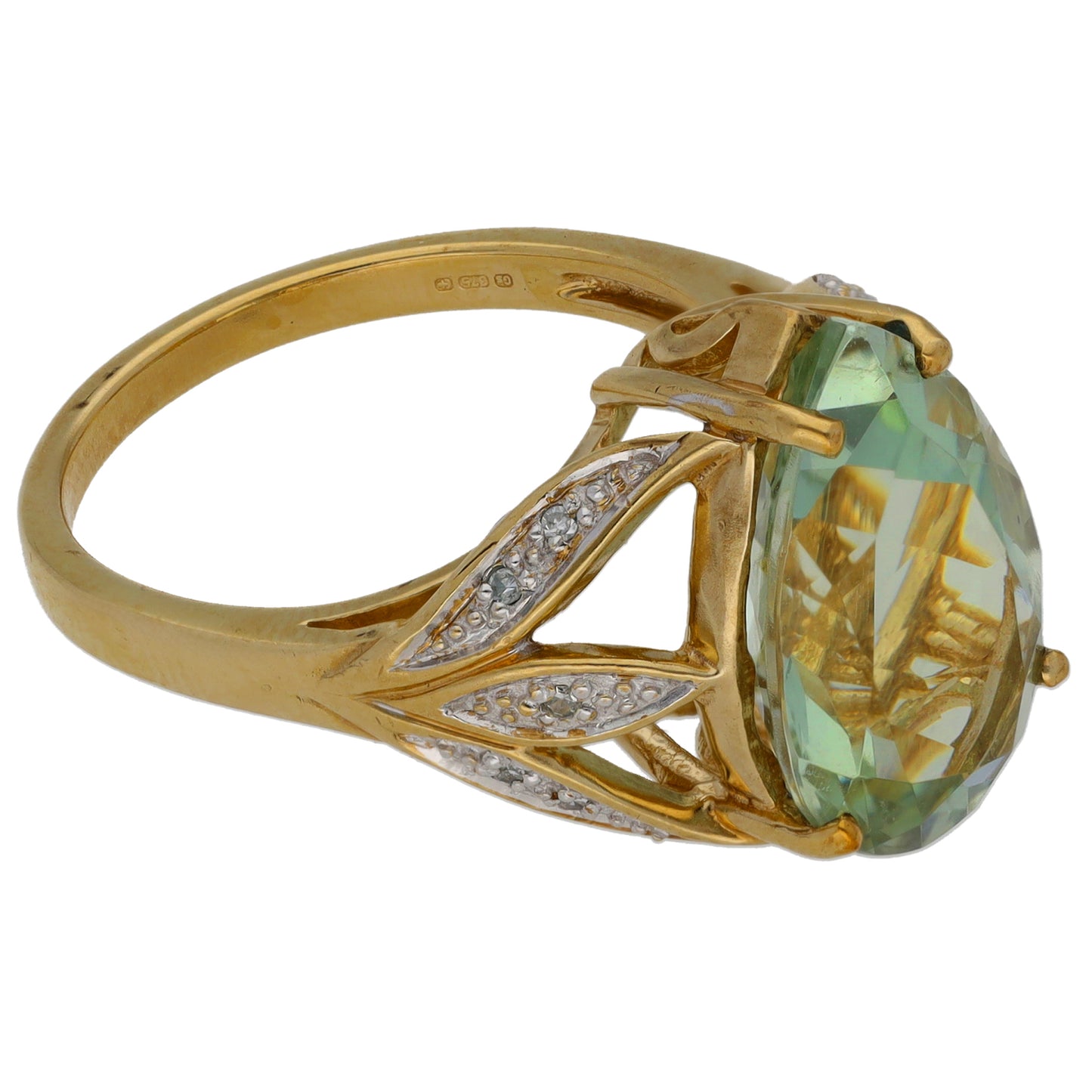 9ct Gold Green Quartz & 0.05ct Diamond Dress/Cocktail Ring Size N