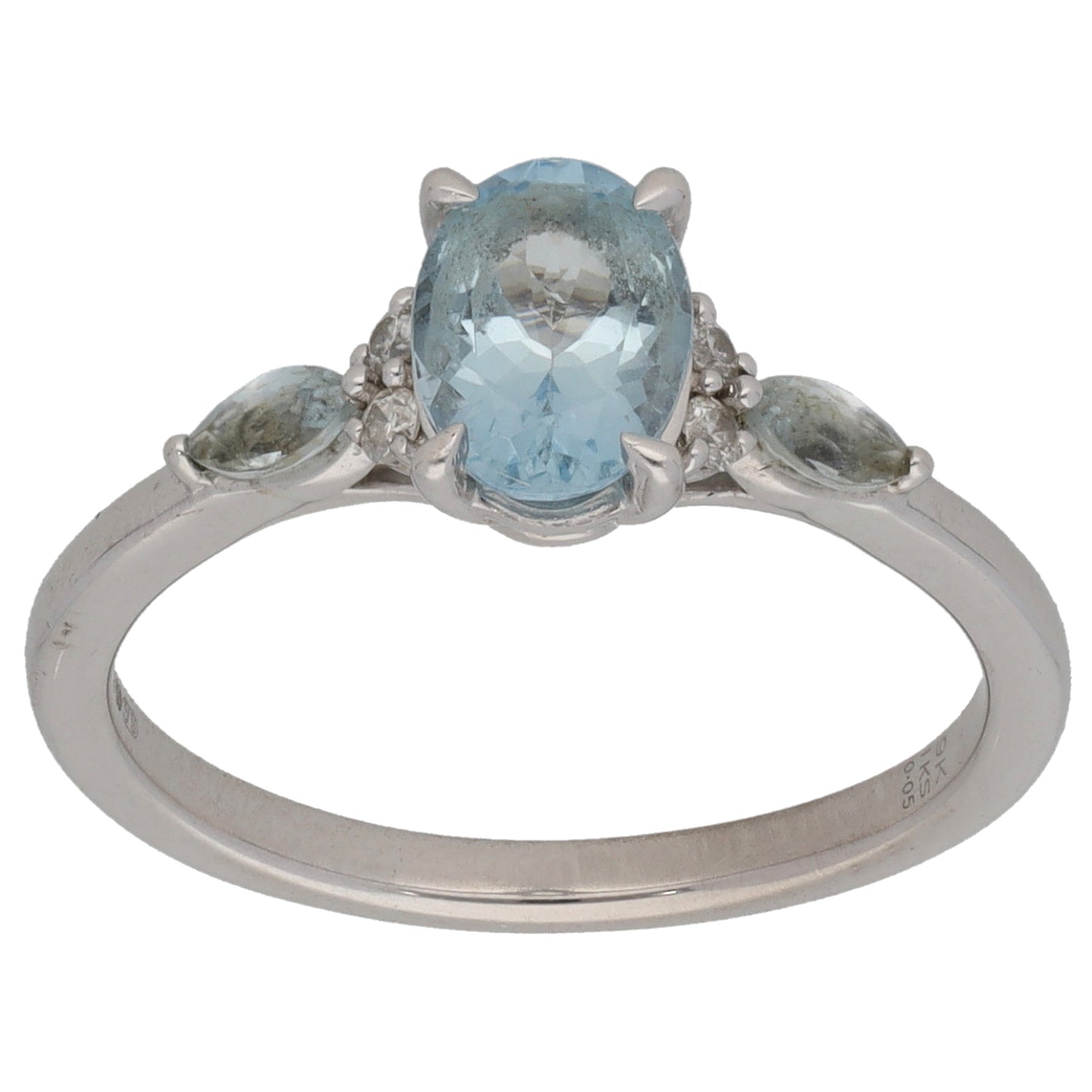 9ct White Gold Aquamarine & 0.05ct Diamond Single Stone Ring With Accents Size K