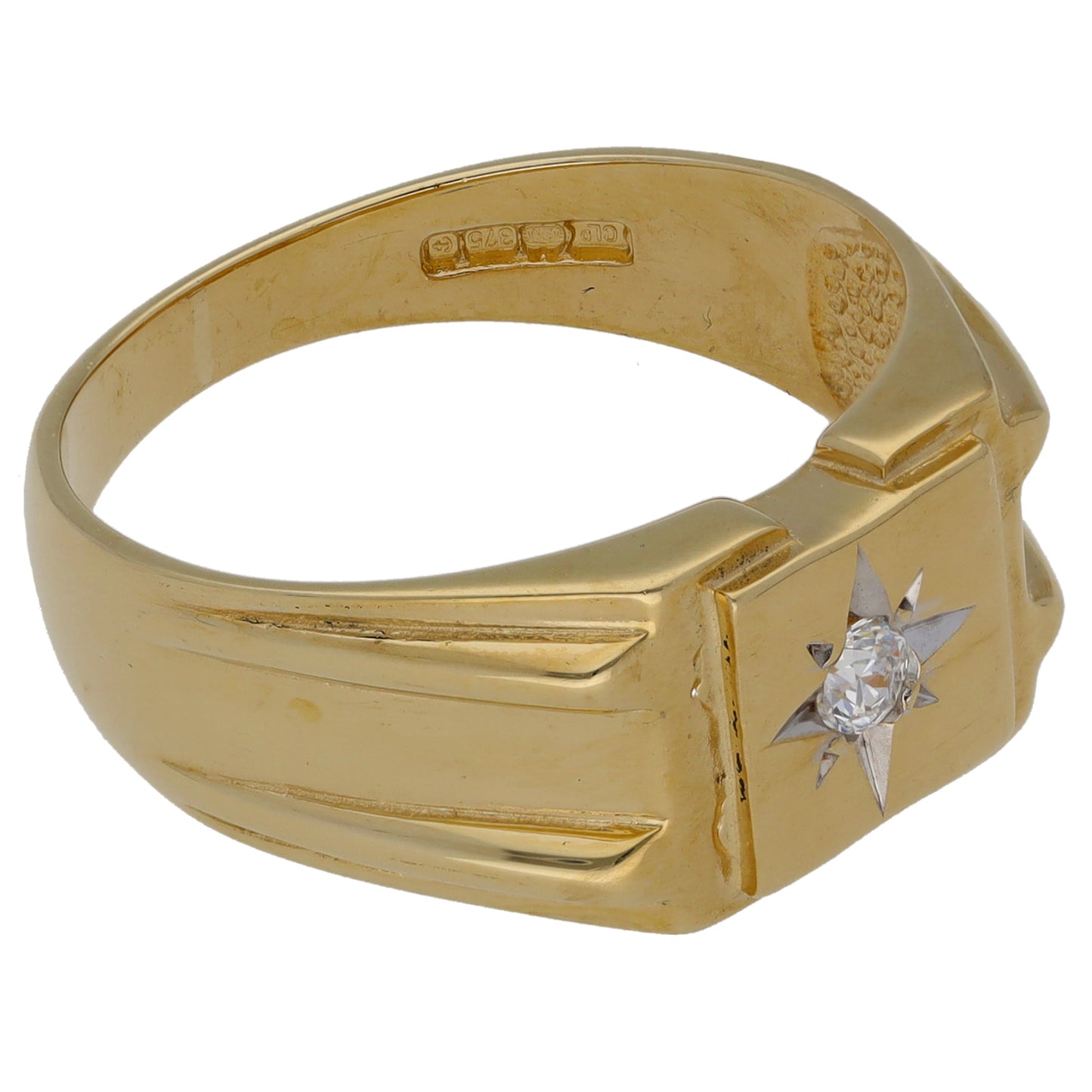 9ct Gold Cubic Zirconia Patterned Single Stone Signet Ring Size Q