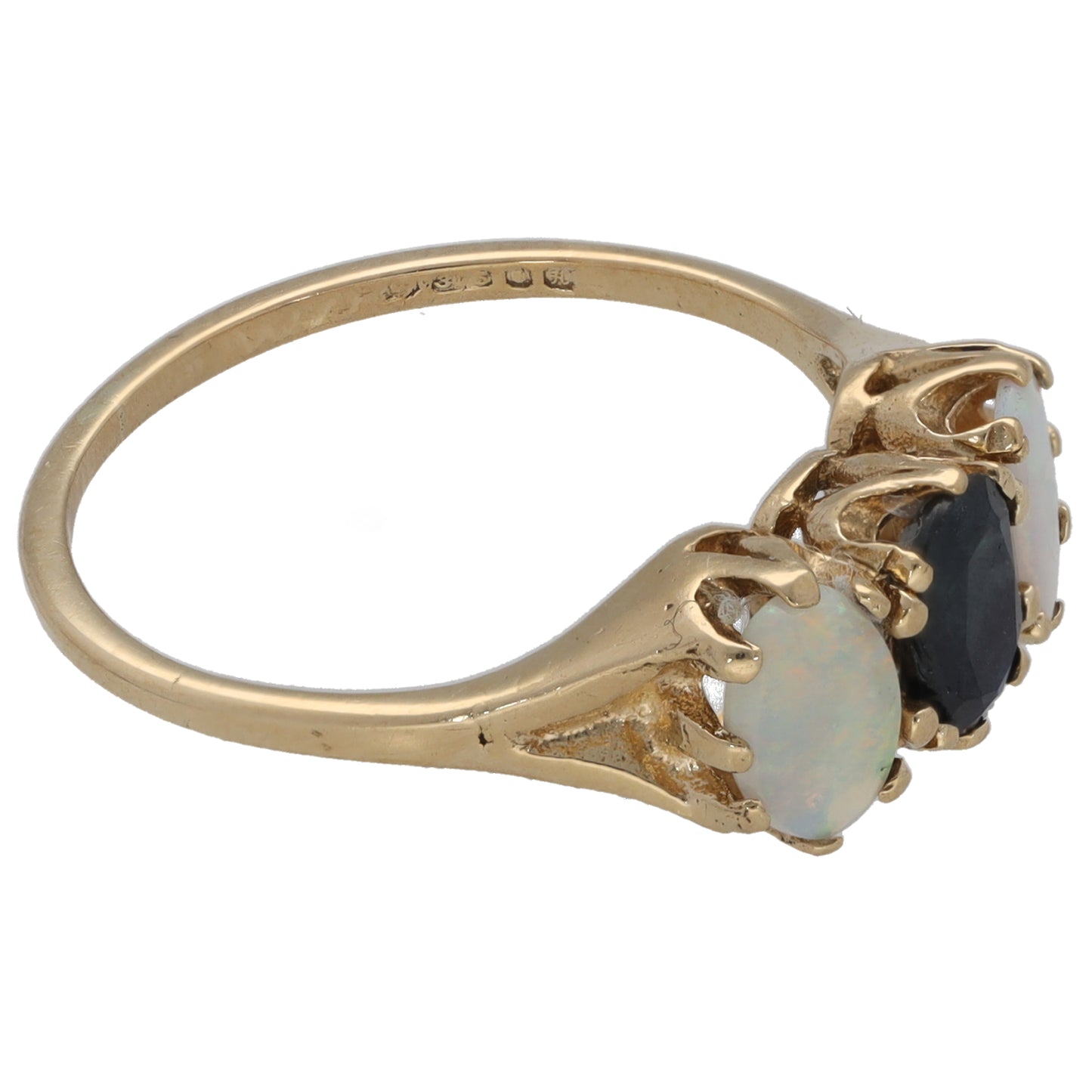 9ct Gold Sapphire & Opal Three Stone Ring Size M